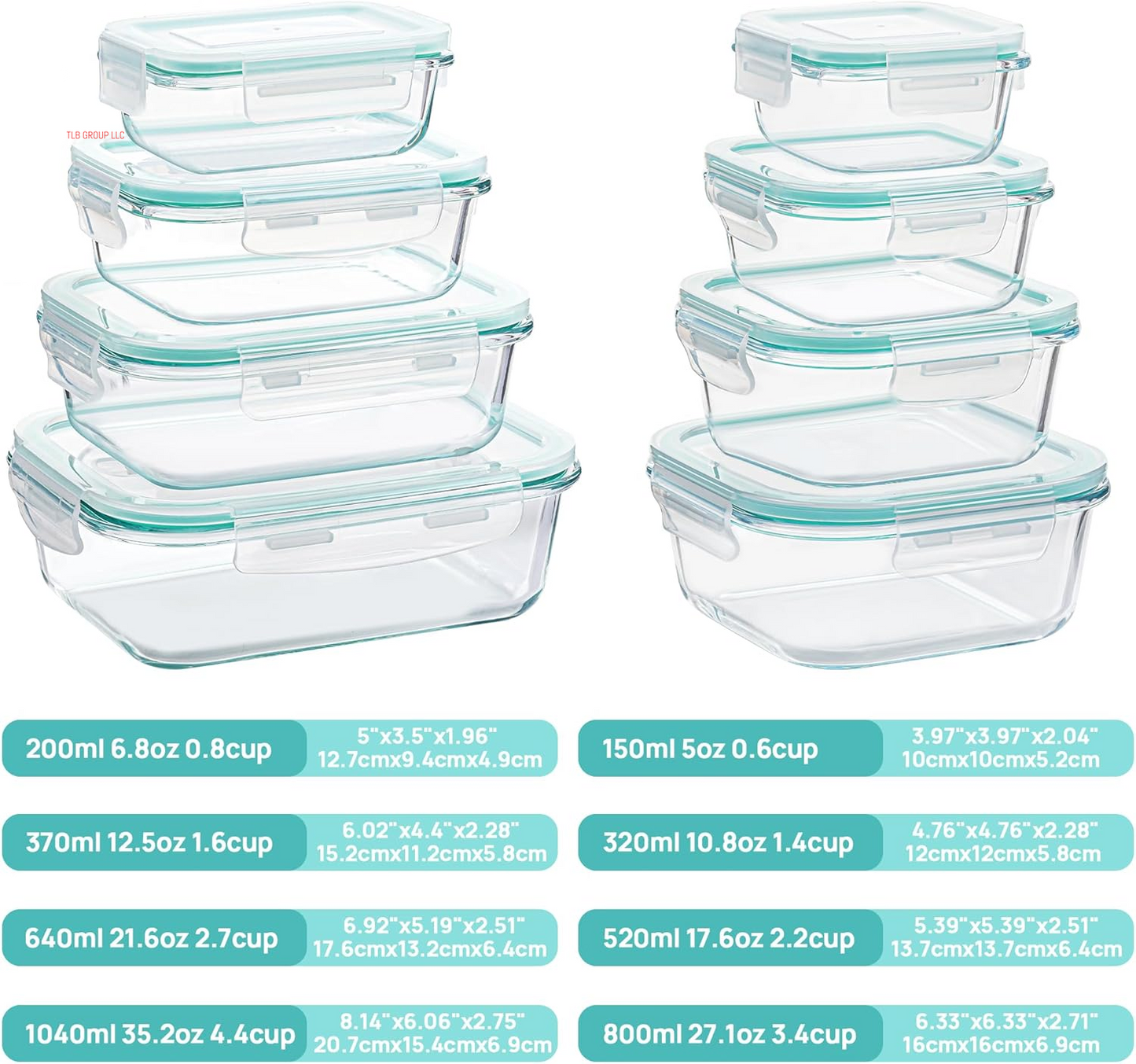 8 Pack Glass Food Storage Containers with Airtight Lids, Glass Meal Prep Containers, Bento Boxes for Lunch, for Microwave, Oven, Freezer and Dishwasher, BPA Free