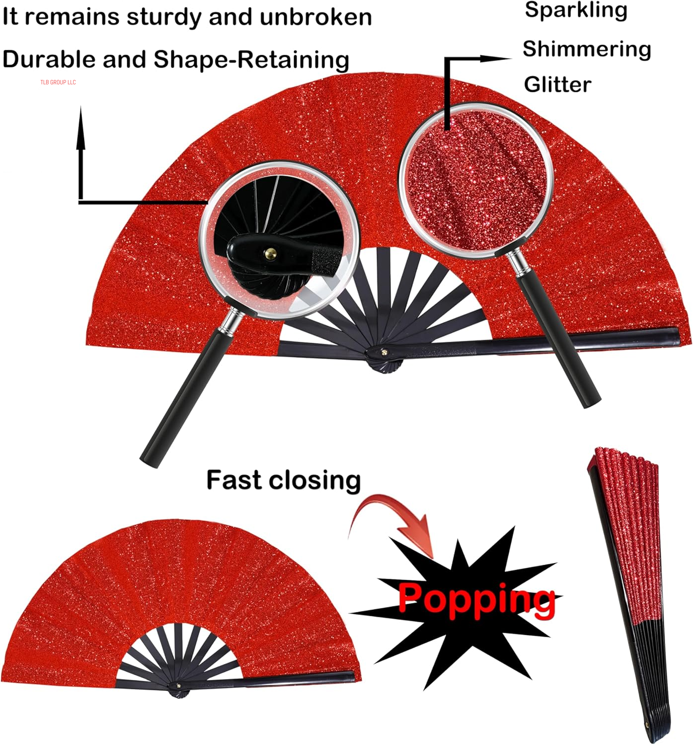 Large Folding Fan-Hand Fan Popping Fan for Line Dancing Clacking Fans for Boots on the Ground Dance, Party,Outdoor,Decoration (Red Glitter)