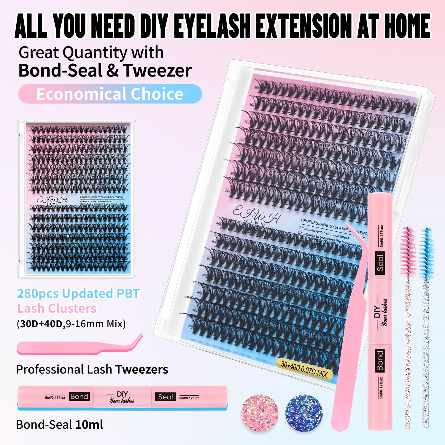 DIY Lash Extension Kit Volume Lash Clusters 30D+40D D Curl Individual 280 Pcs Lashes Lash Clusters Kit Thick Eyelash Extension Kit Lash Bond Seal Lash Tweezers 10 Pcs Eyelash Brush (30D&40D KIT)