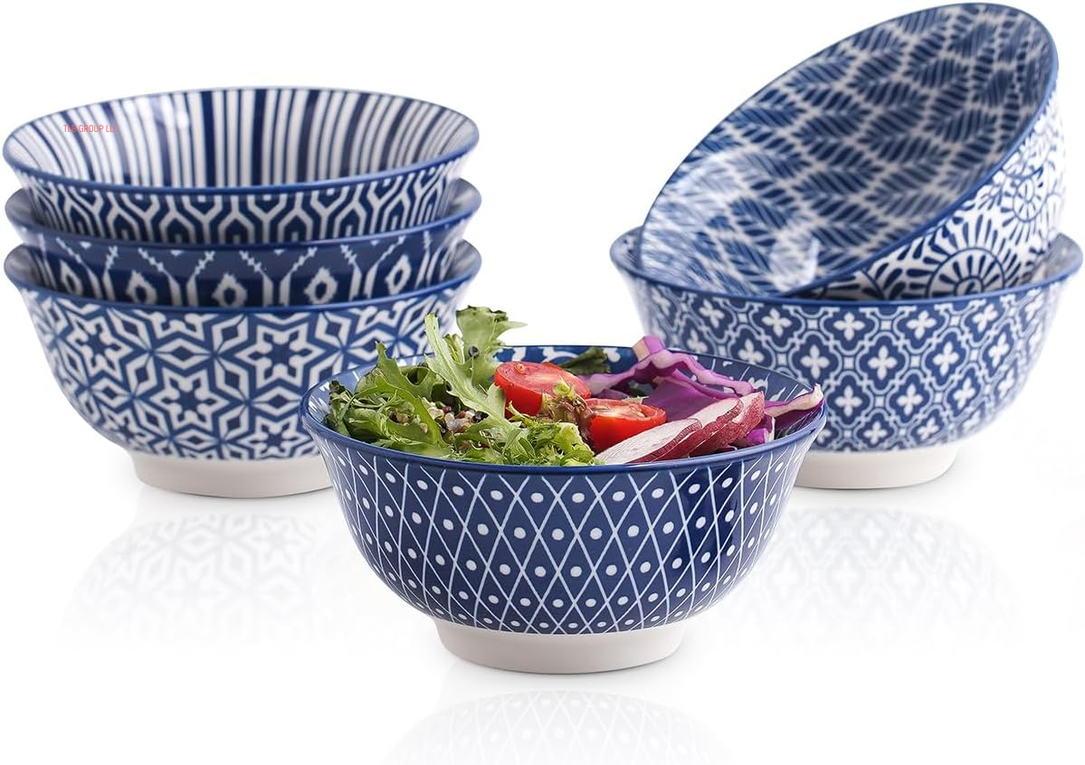 Blue and White Porcelain 20Oz Cereal Bowl Set - Set of 6, 6 Inch Soup Bowls, Ceramic Bowls for Cereal, Soup, Salad and Pasta, Vintage Blue