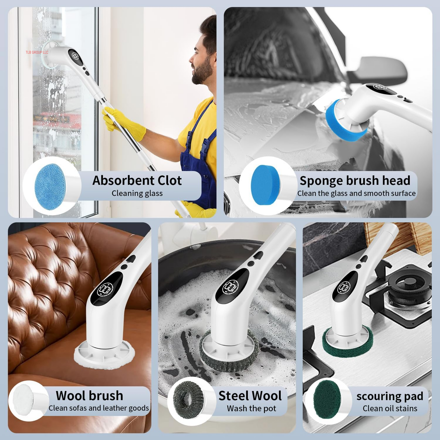 Electric Spin Scrubber Cordless Cleaning Brush Shower Cleaning Brush with 9 Replaceable Brush Heads Long Handle Shower Cleaner Brush for Bathroom, White, TD-8136