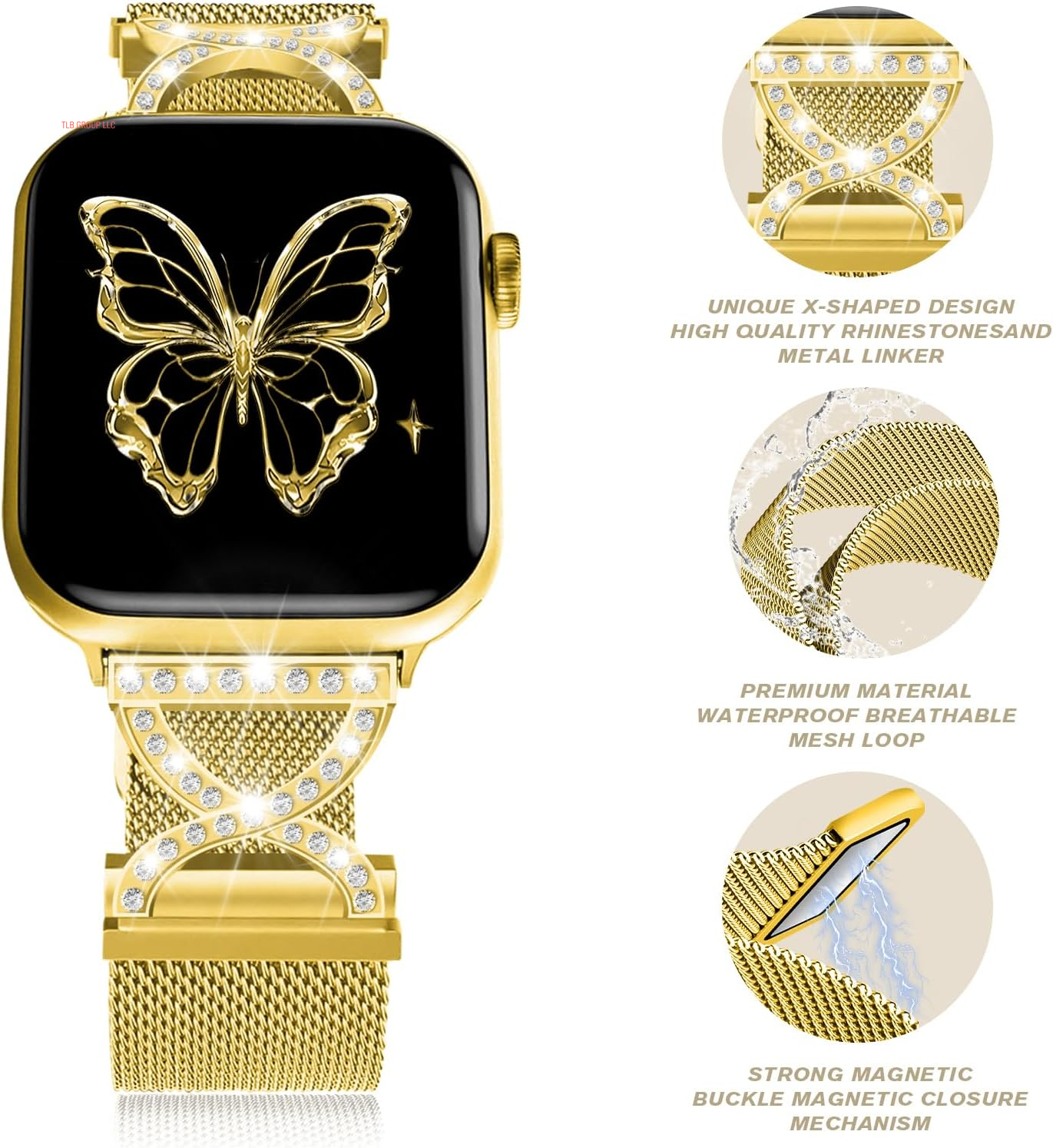 Metal Magnetic Band Compatible with Apple Watch 46Mm 42Mm 44Mm 45Mm 49Mm 38Mm 40Mm 41Mm, Stainless Steel Dressy Mesh Loop Strap with X-Shape Diamond Women
