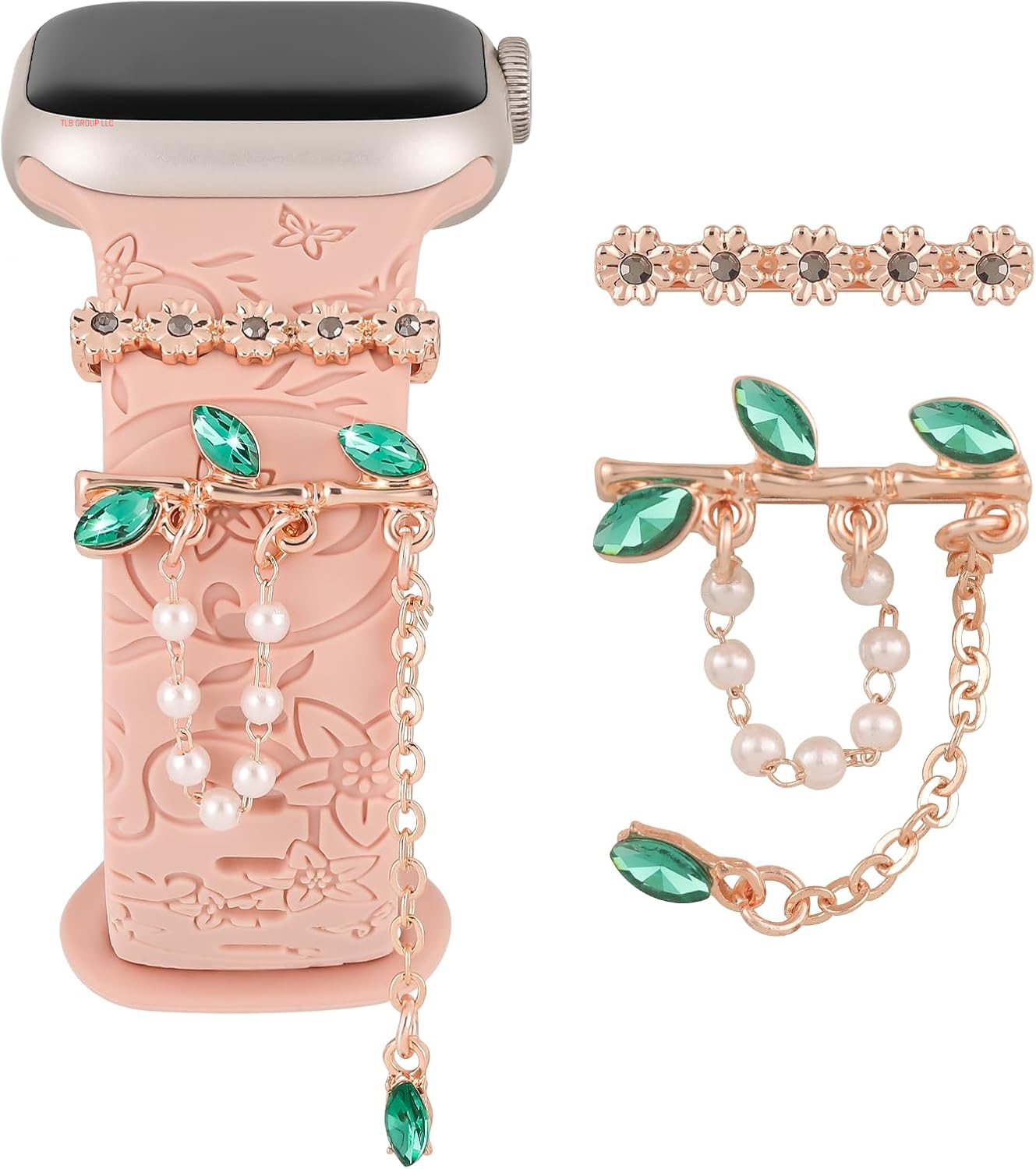Charm+Band for Apple Watch Bands 40Mm 41Mm 38Mm 44Mm 45Mm 46Mm 42Mm Women Men,Floral Engraved Silicone Sport Band+Decorative Ring Loops for Iwatch Series 10 9 8 7 6 5 4 3 SE Ultra/2 49Mm,Jewelry Strap