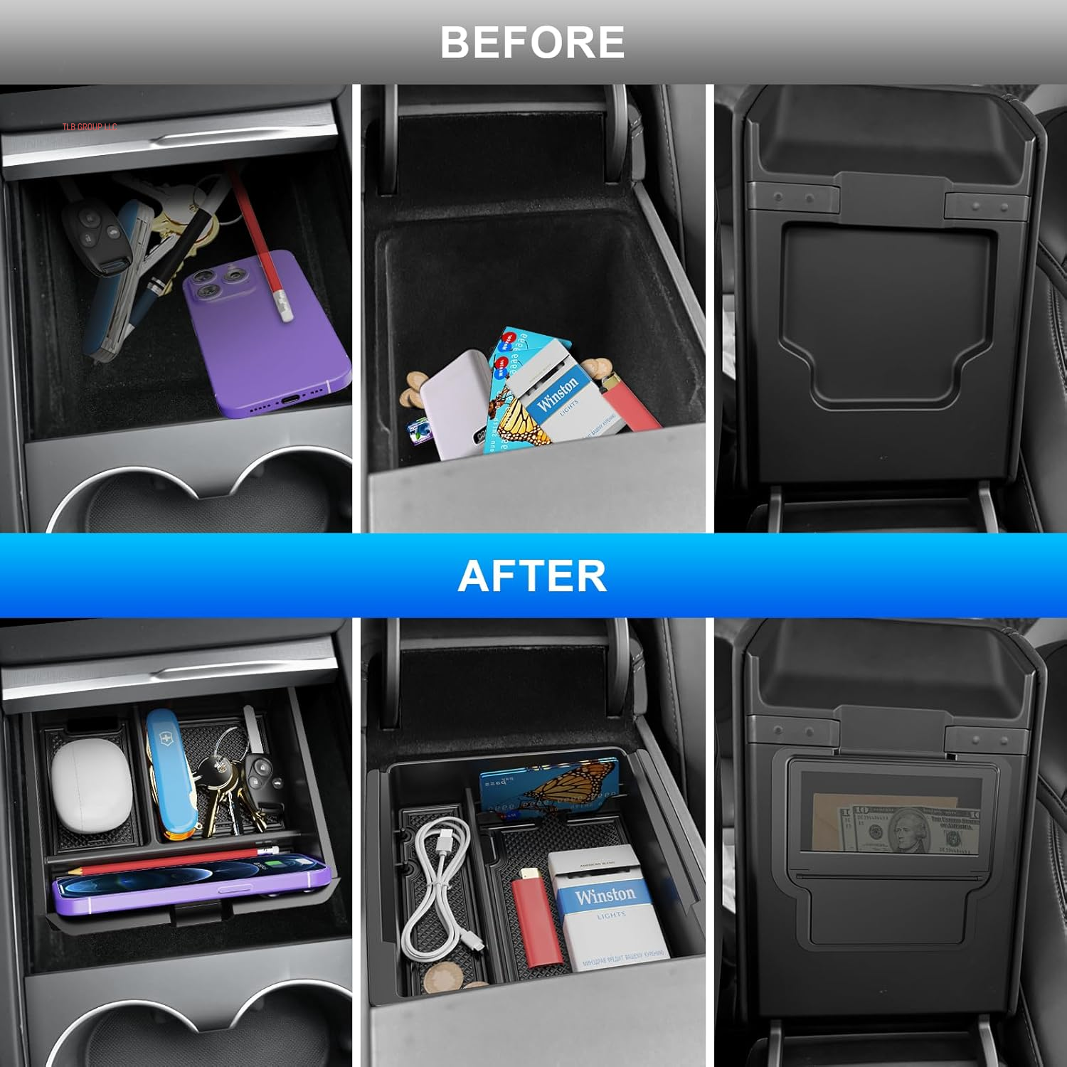 6PCS Upgraded Center Console Organizer for Tesla Model 3 Highland 2024 2025 Accessories [Smooth Sliding] Armrest Tray Push Button Hidden Storage Box Cup Holder Wireless Charger Mat, Black
