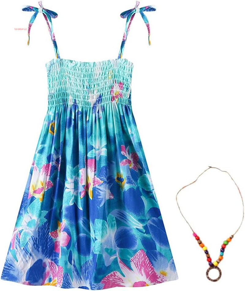 Girls Bohemian Dresses Floral Sleeveless Rainbow Beach Sundress with Necklace 2-12T