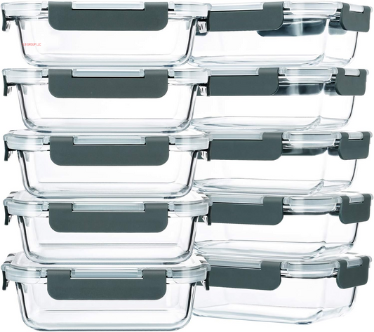 10-Pack,22 Oz Glass Meal Prep Containers,Glass Food Storage Containers with Lids,Glass Lunch Containers,Microwave, Oven, Freezer and Dishwasher (Gray)