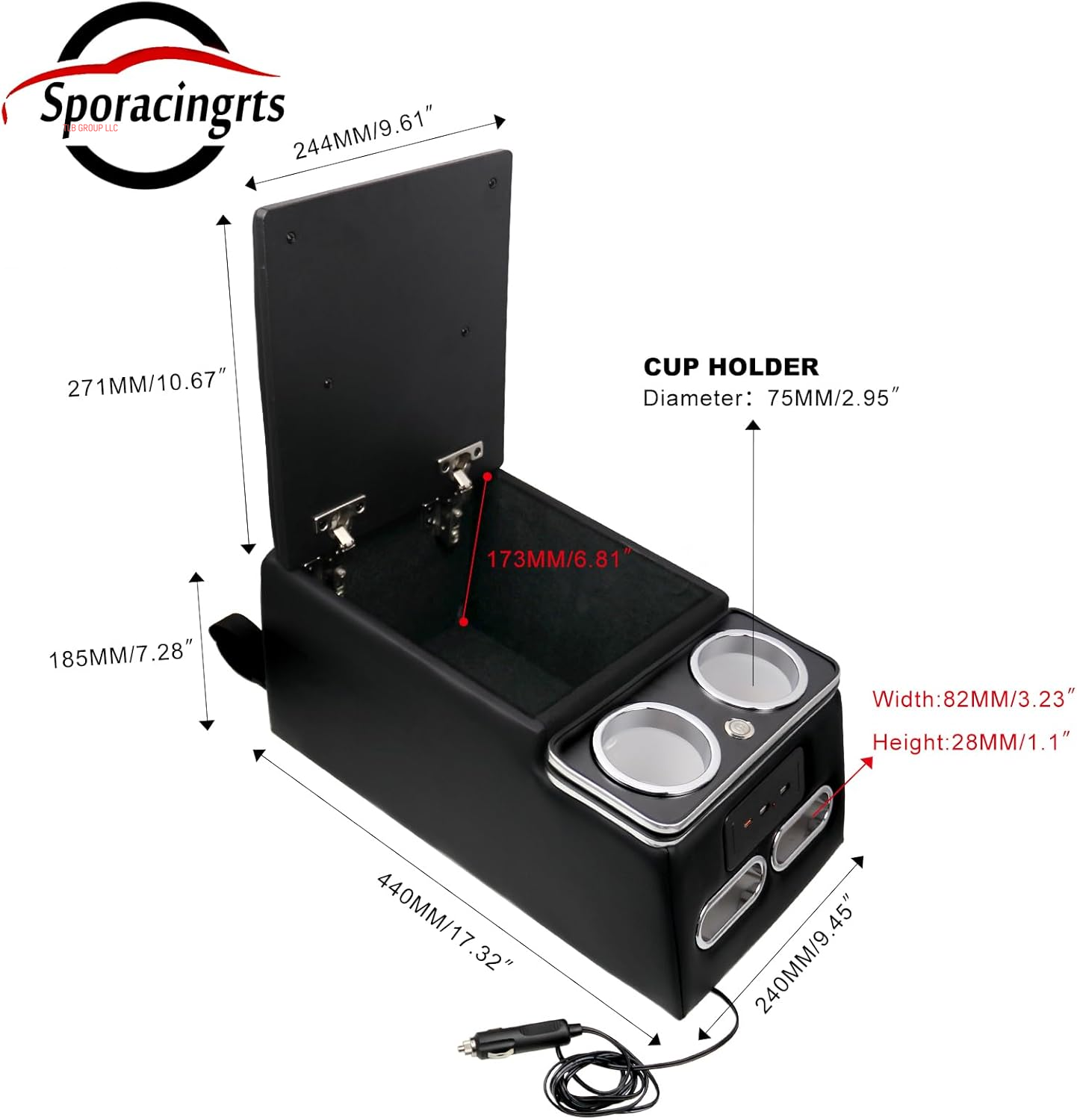 Black Universal Truck Seat/Bench Organizer with LED Light, USB Port, Cup Holders, Armrest, and Padded Top Lid - Ideal for Business Storage 124810 Contractor Console Luxurious