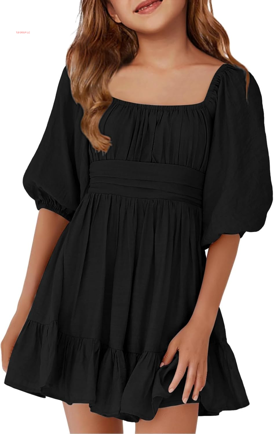 Girls Summer Dresses Square Neck Lantern Sleeve Tie Backless Ruffle A-Line Party Mini Dress