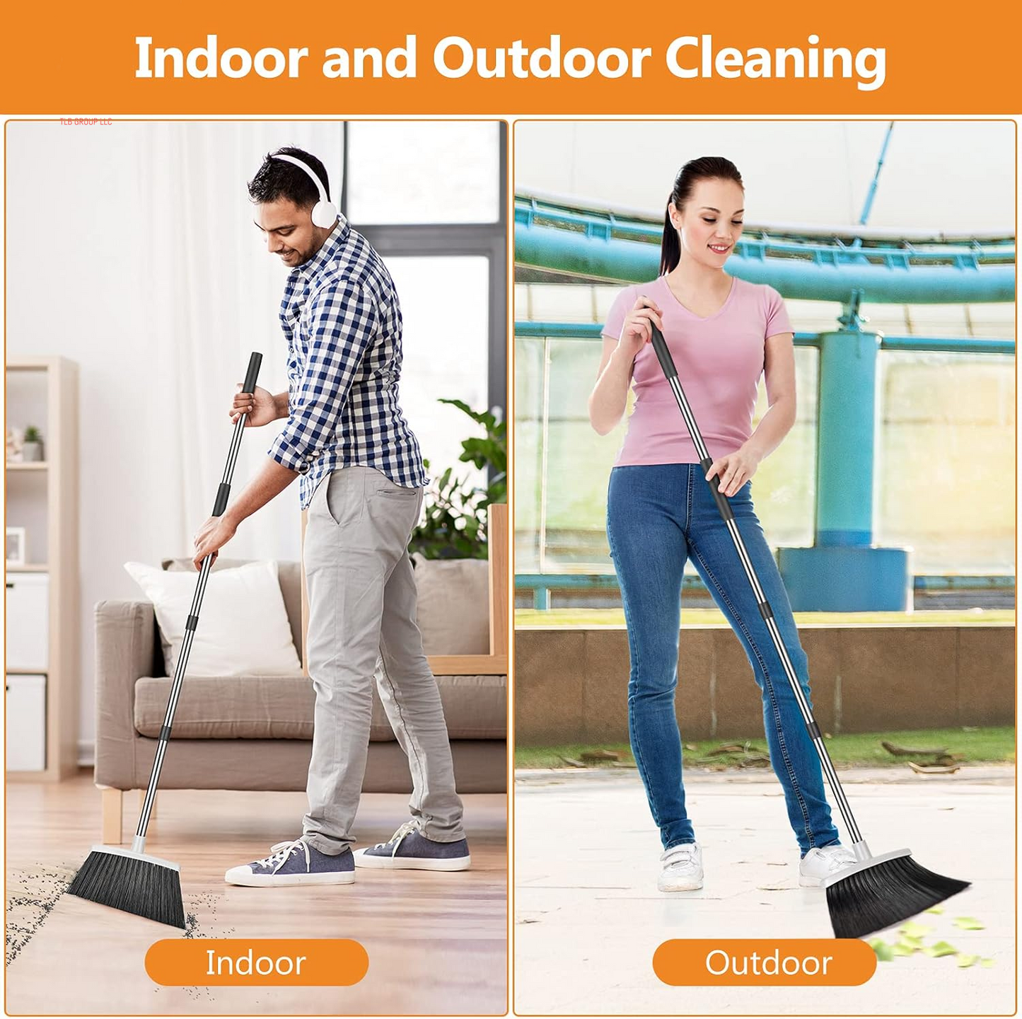 Broom and Dustpan Set, Heavy Duty Dust Pan and Broom with Long Handle 51 Inch Broom with Dustpan Combo Set for Home Kitchen Indoor Outdoor Sweeping Broom for Floor Cleaning - Gray