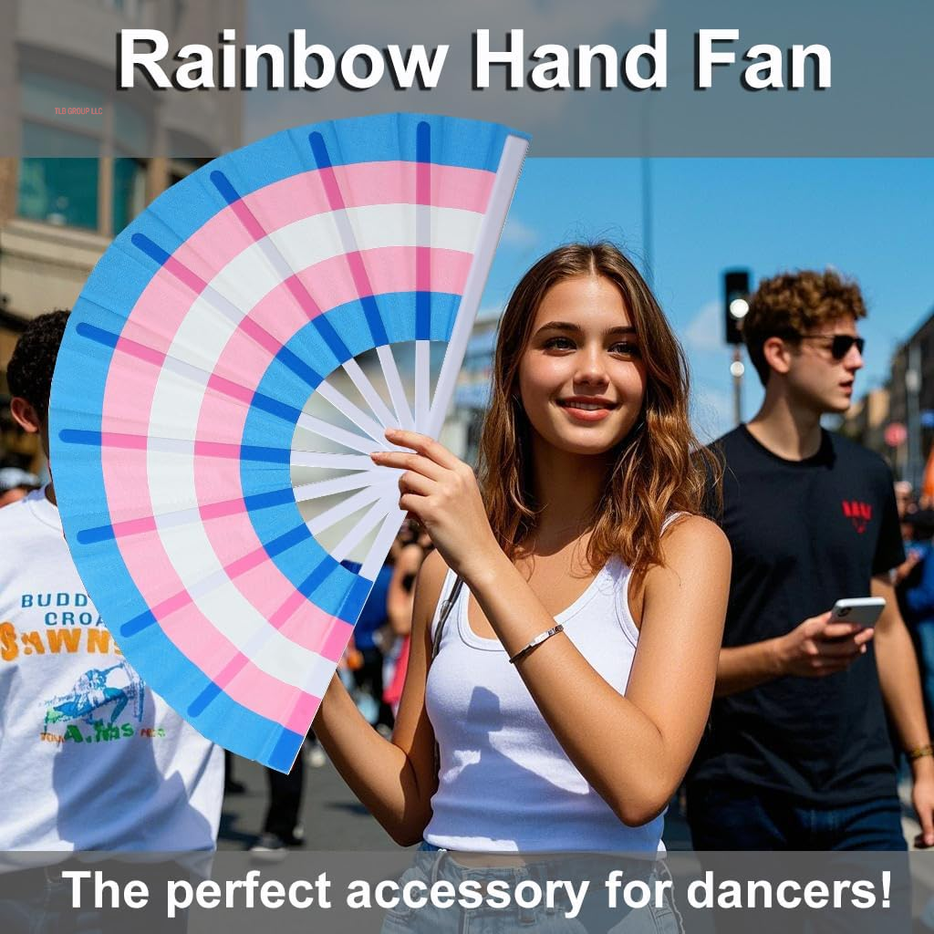 Rainbow Large Folding Fan-Hand Fan Popping Fans for Line Dancing Clacking Fans for Boots on the Ground Dance,Party,Outdoor,Decoration (Blue+Pink)