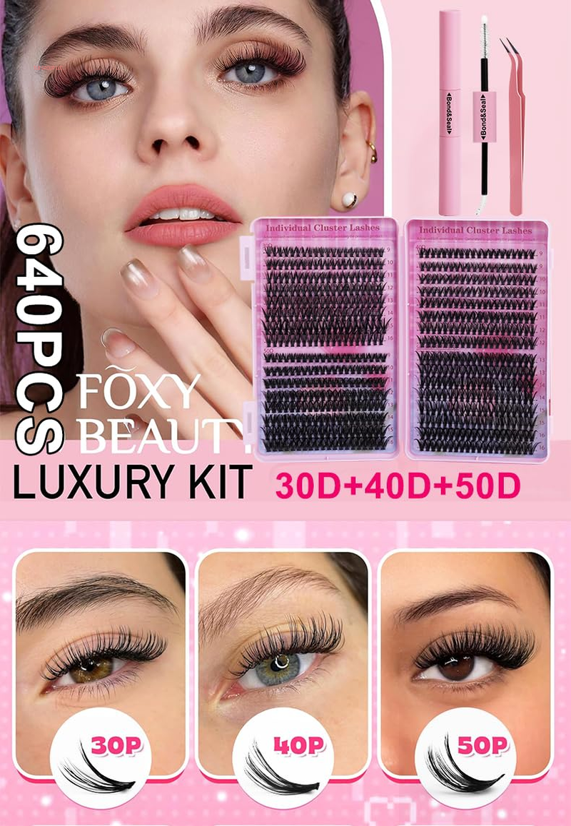 Lash Extension Kit Volume Lash Clusters 30D+40D+50D D Curl Individual Lashes Lash Clusters Kit Thick Eyelash Extension Kit 640 Pcs Thin Band Cluster Lashes Lash Bond and Seal Lash Tweezers
