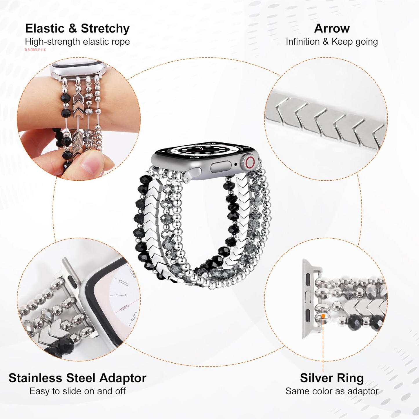 Bracelet Band Beaded Compatible with Apple Watch 38/40/41Mm Women, Fashion Elastic Stretch Strap Bands for Iwatch Series SE/9/8/7/6/5/4/3/2/1 (Black/Sliver/Grey)