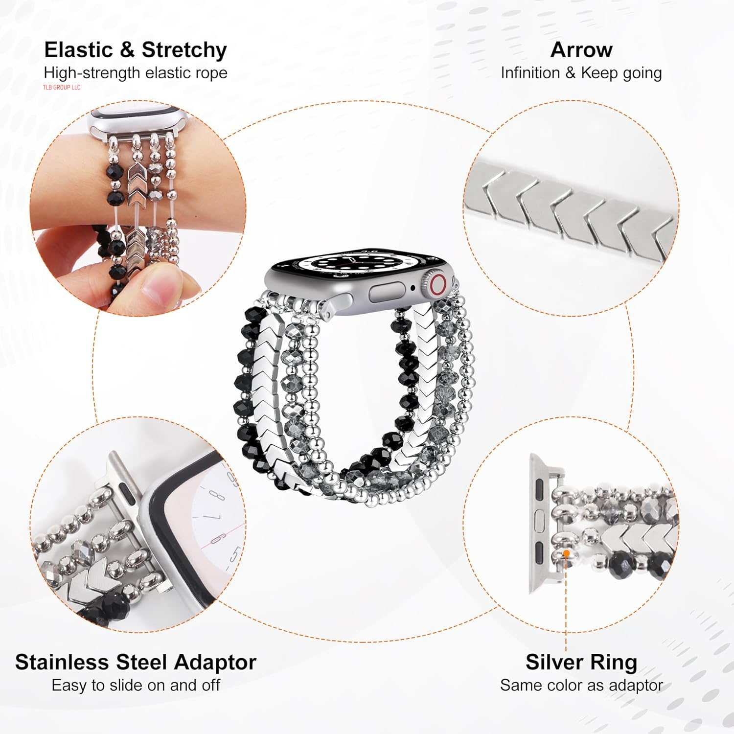 Bracelet Band Beaded Compatible with Apple Watch 38/40/41Mm Women, Fashion Elastic Stretch Strap Bands for Iwatch Series SE/9/8/7/6/5/4/3/2/1 (Black/Sliver/Grey)