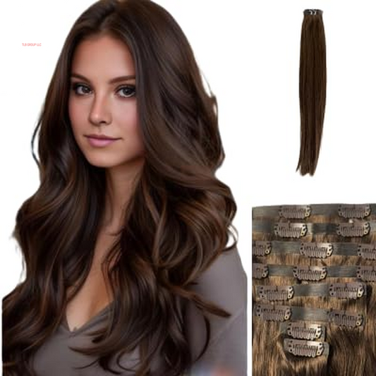 Remy Cuticle Intact Double Drawn Real Human Hair Straight Hair Seamless Invisible Clip in Hair Extentions #2 Dark Chocolate Brown 110G 20 Inch 8 Pcs