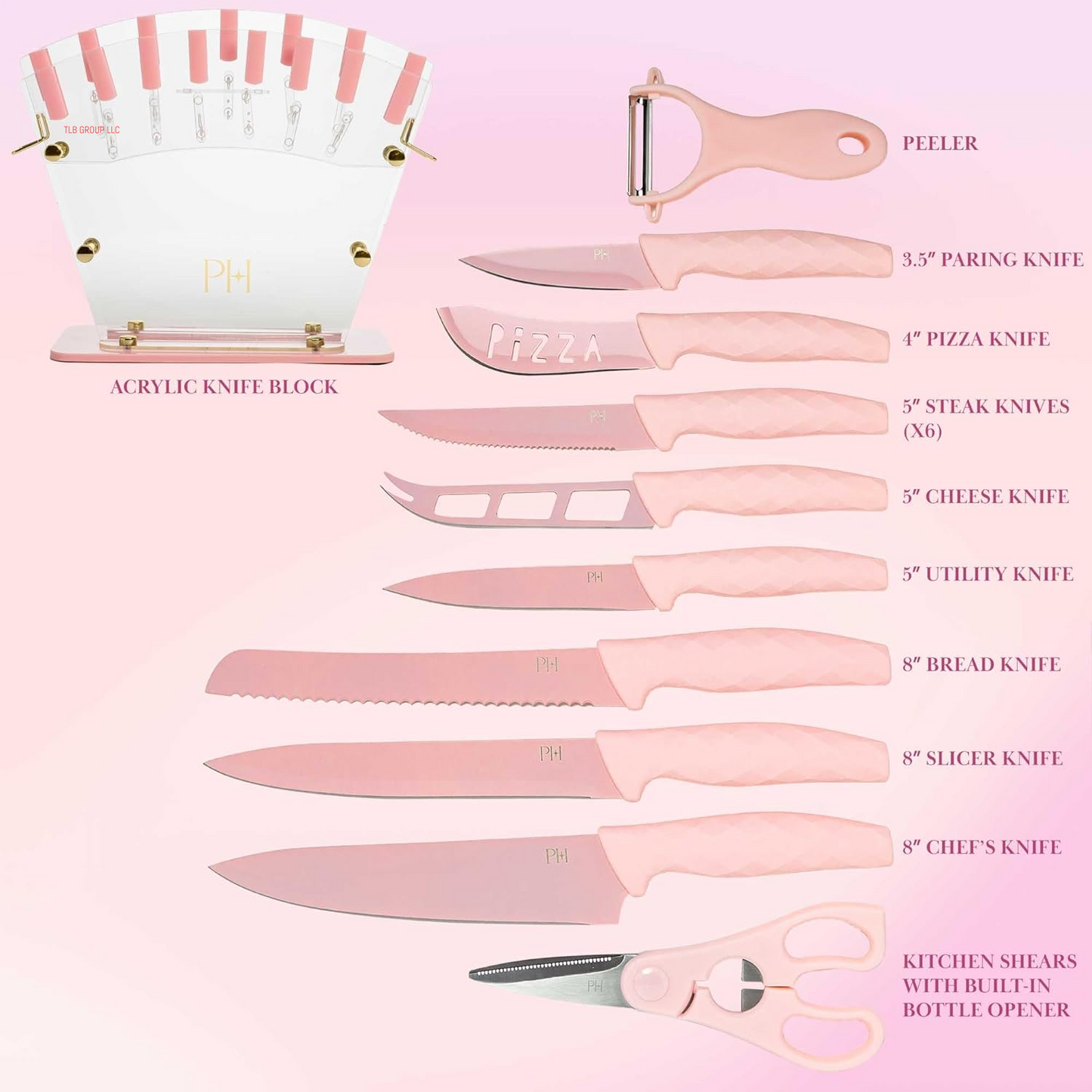 Knife Block Set with Fan Style Clear Acrylic Knife Block, Premium Stainless Steel Blades with Nonstick Coating, Comfort Grip Handles, 16-Piece Set, Pink and Gold