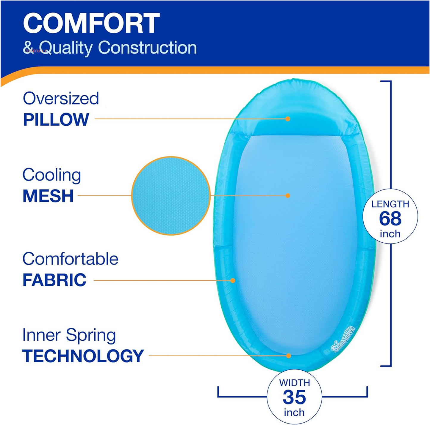 Spring Float Premium Hammock Pool Lounger, Inflatable Pool Floats Adult with Fast Inflation for Ages 15 & Up, Sky Blue