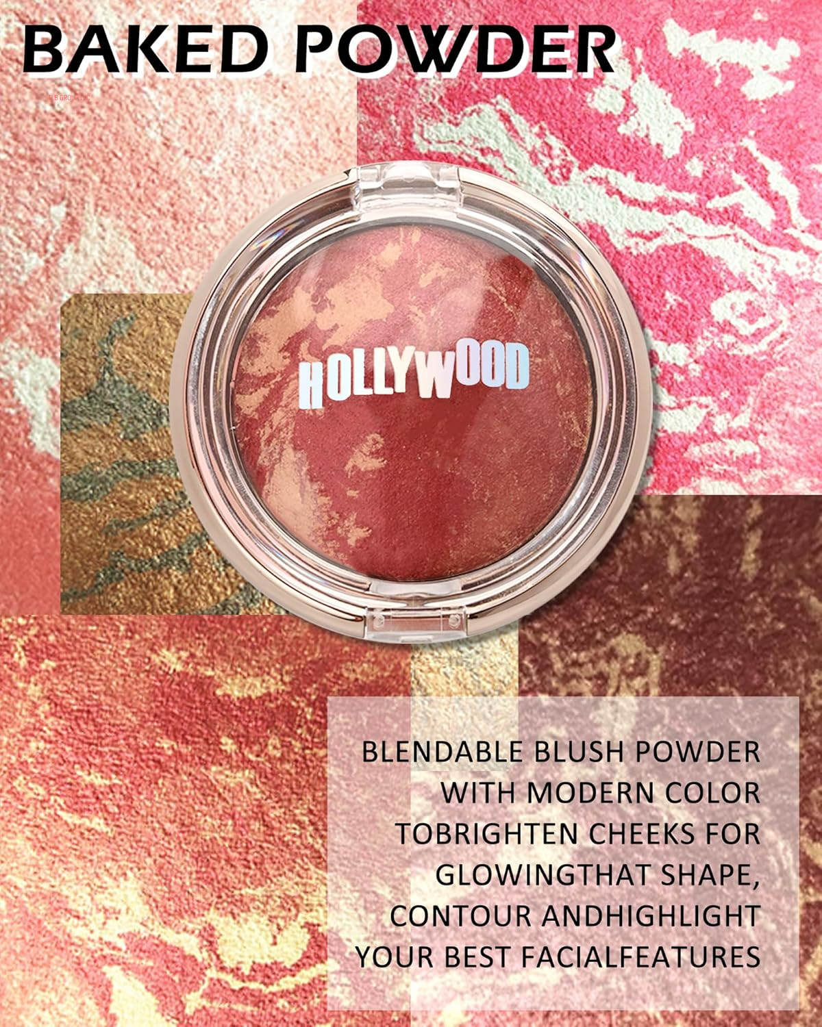 Baked Blush, Lighting Glow Marbleized Blush Powder Palette, Cruelty-Free Powder Blusher, Eyeshadow & Highlight for a Lightweight Shimmery Satin Face Makeup, Gift for Women (0.49Ounce)-01#Peachy
