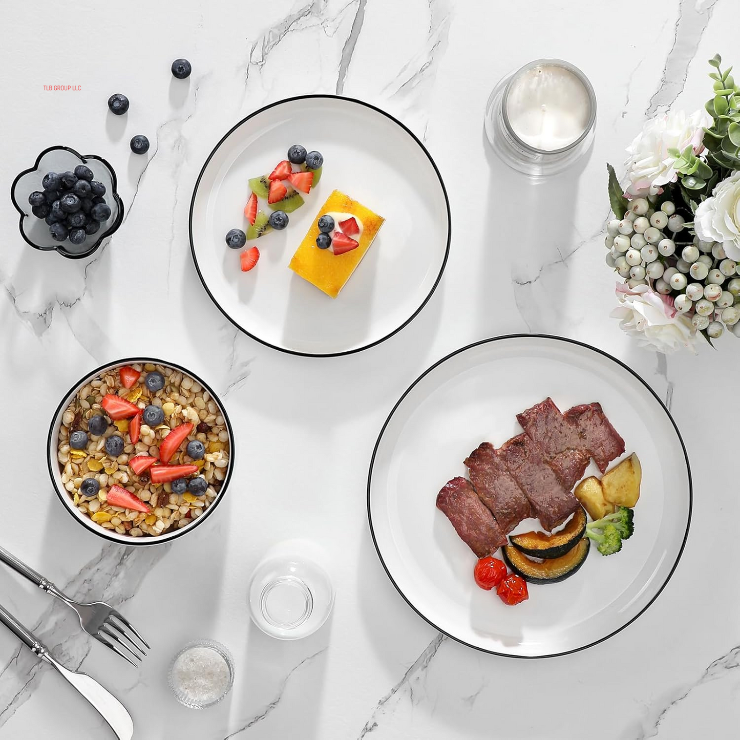 Plates and Bowls Sets, 12 Pieces Modern Porcelain Dinnerware Set for 4 White Kitchen Dinner Dining Ware Set Wtih Black Rim Ceramic Dishware Dishes Microwave and Dishwasher Safe, Series LUNA