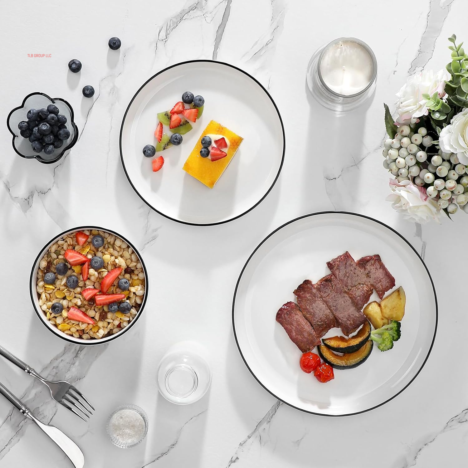 Plates and Bowls Sets, 12 Pieces Modern Porcelain Dinnerware Set for 4 White Kitchen Dinner Dining Ware Set Wtih Black Rim Ceramic Dishware Dishes Microwave and Dishwasher Safe, Series LUNA