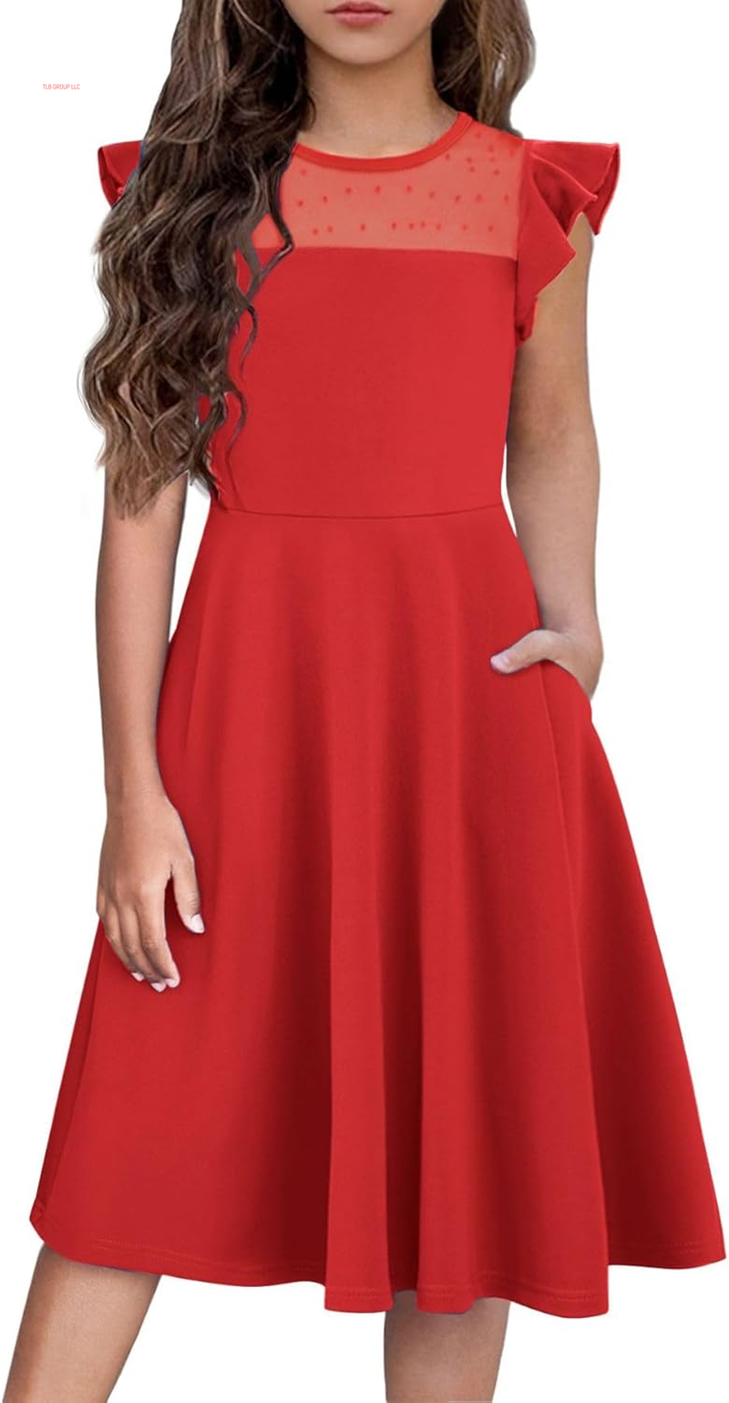 Girls Dresses Summer Formal Party Wedding Ruffle Sleeve Mesh a Line Dress with Pockets