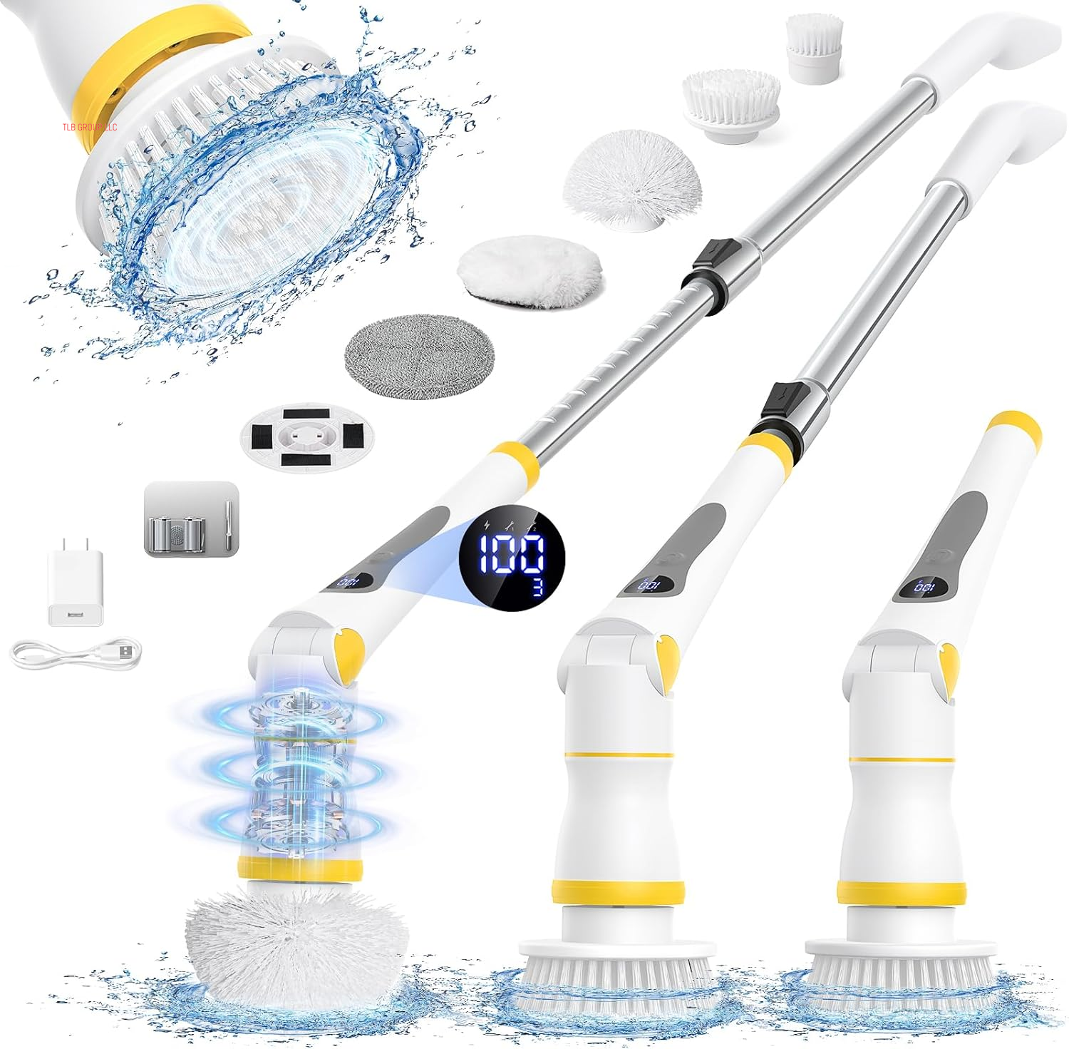 Electric Spin Scrubber, Cordless Cleaning Brush with LED Display, 4 Adjustable Angles, 3 Speeds, 2H Runtime, Adjustable Handle, 5 Brush Heads for Bathroom Tub Kitchen Tile Floor