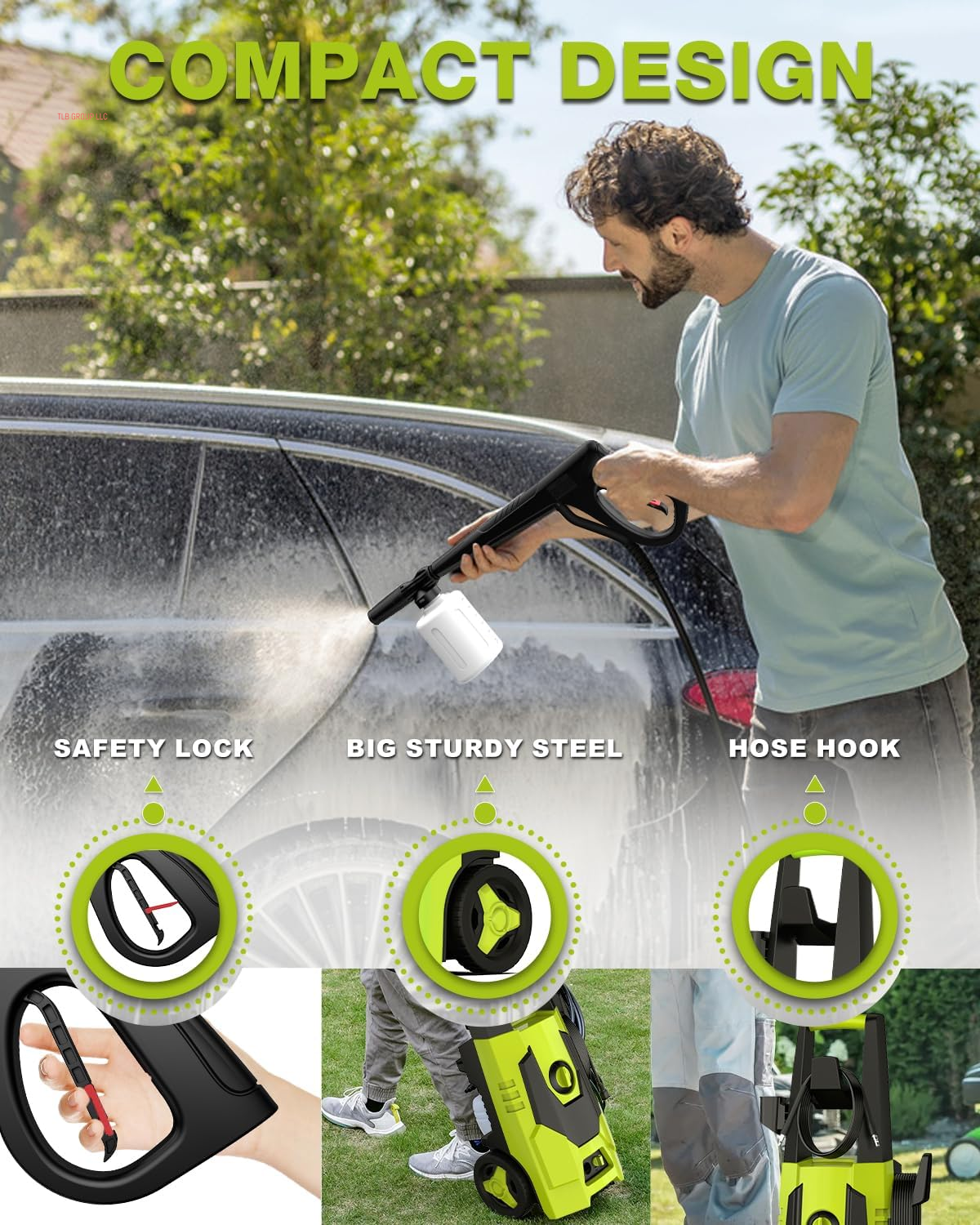 Electric Pressure Washer - 4800PSI Max 3.2GPM Power Washer with 35FT Power Cord, 20FT Hose, Soap Tank, High Pressure Washer Electric Powerd Car Cleaning for Garden, Patios, Yard, Green