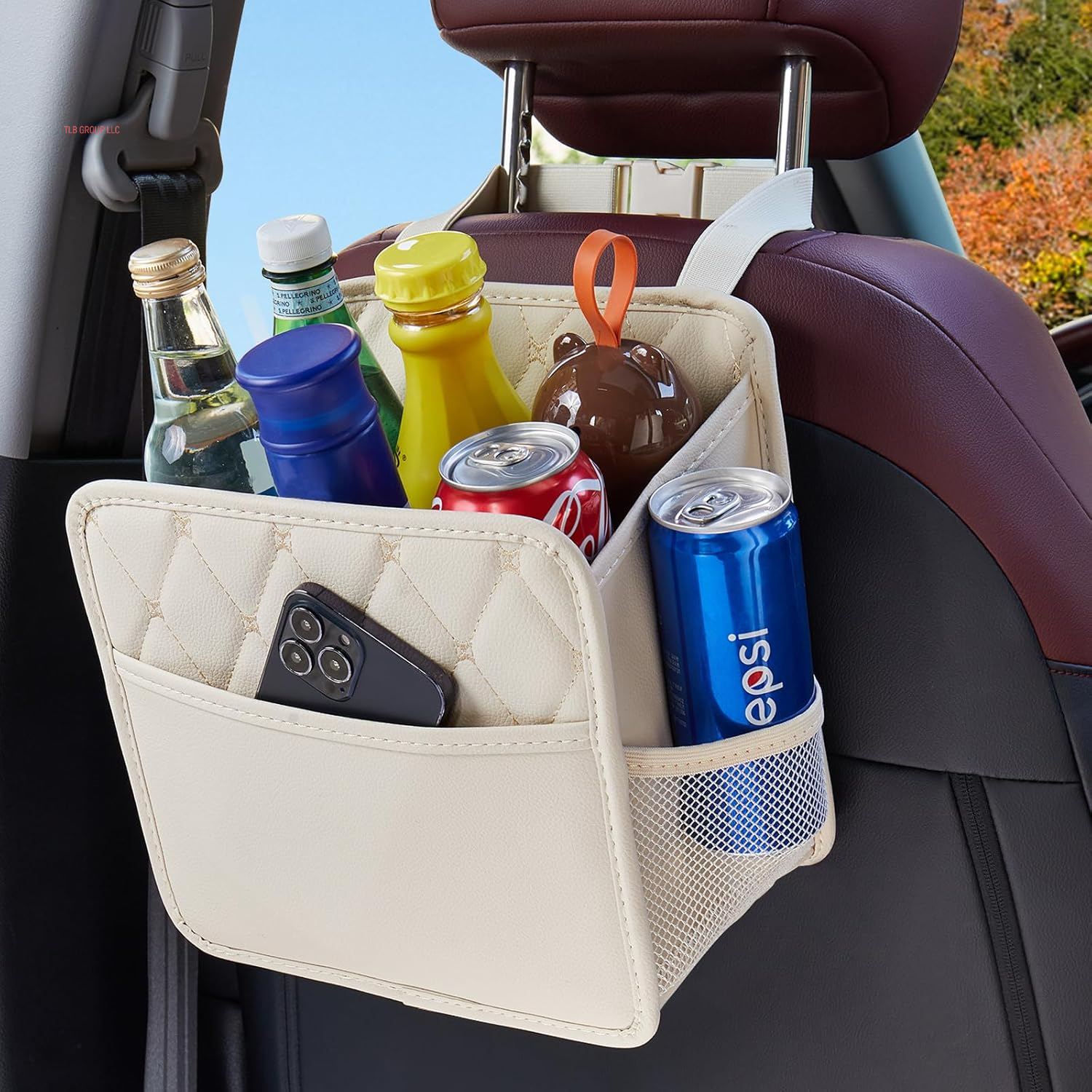 Back Seat Car Organizer, Large Car Seat Organizer with Cup Holders Multifunctional over the Car Seat Organizer Backseat Hanging Leather Car Seat Organizers and Storage Bags(Beige 1Pack)