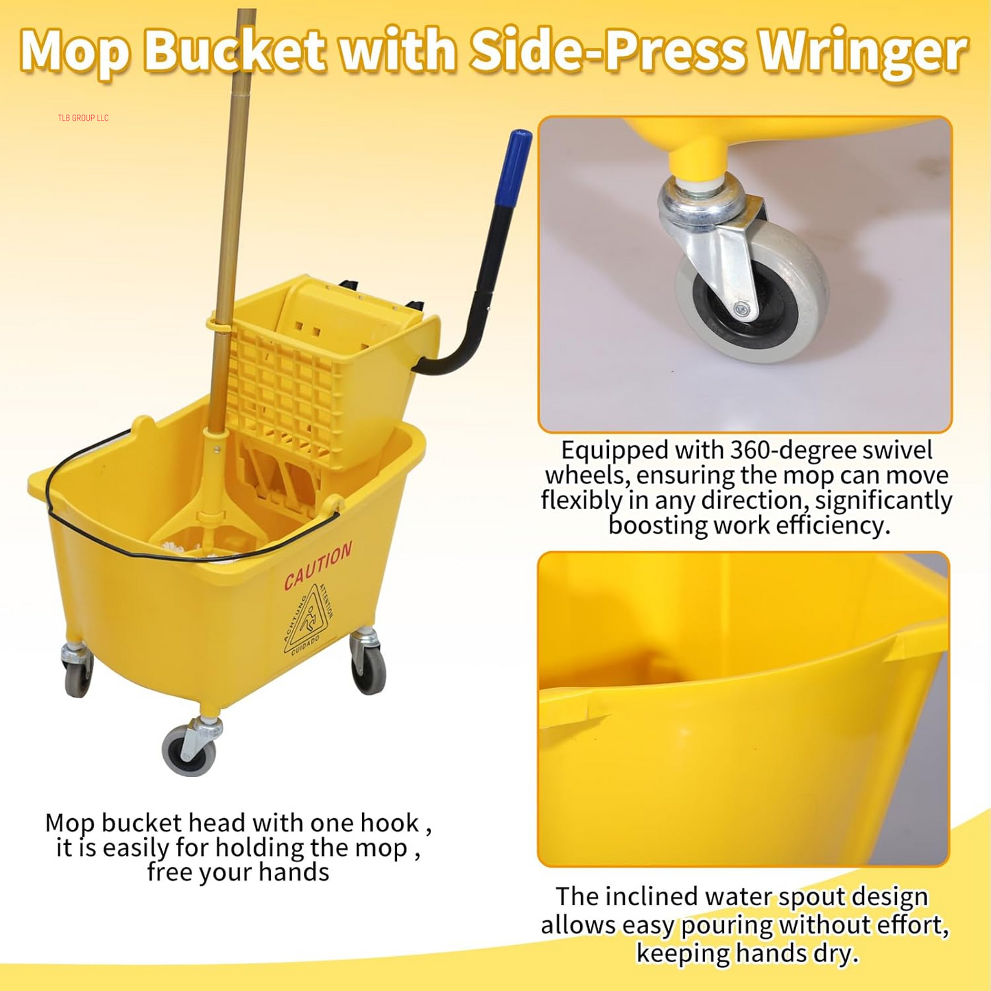 Commercial Mop Bucket with Side-Press Wringer for Floor Cleaning, 35 Quarts, Yellow, Including One Commercial Mop