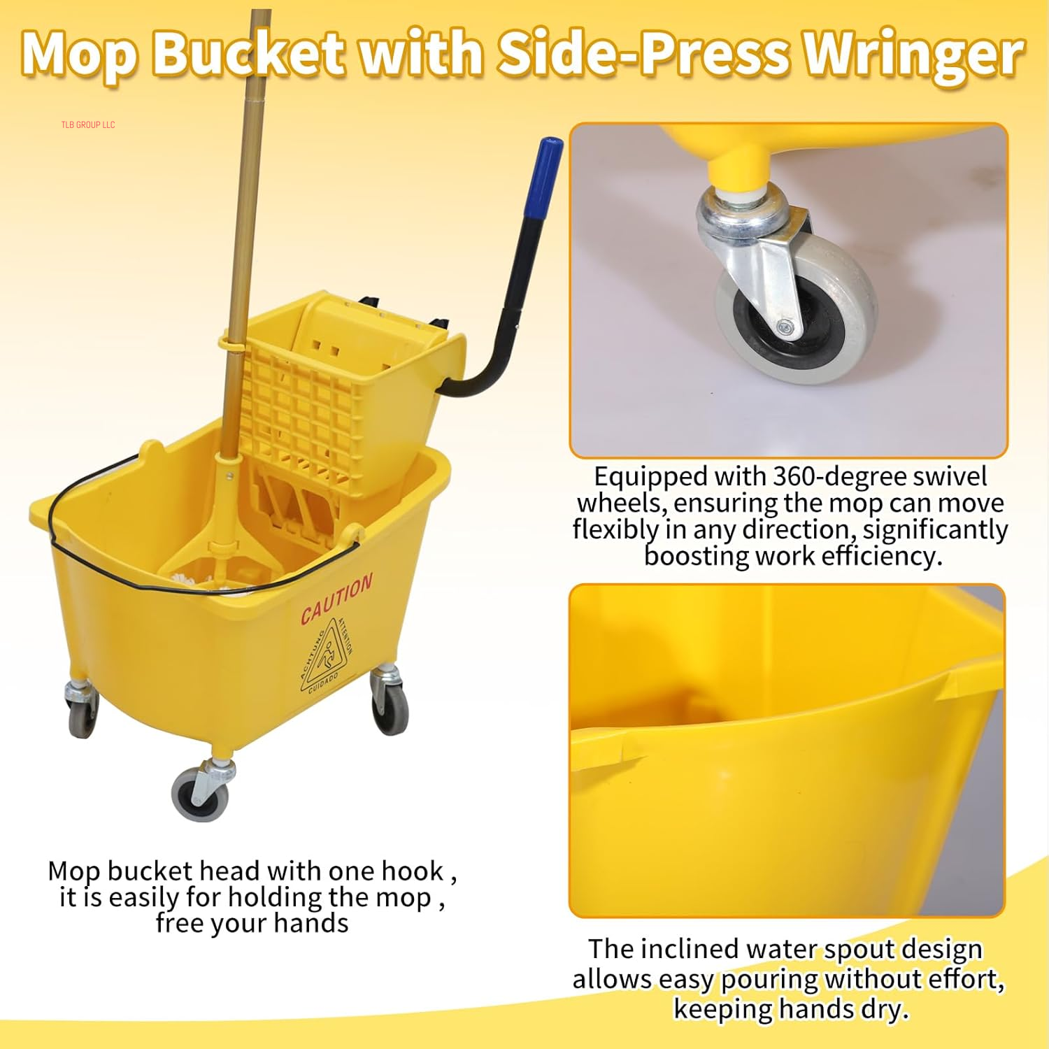 Commercial Mop Bucket with Side-Press Wringer for Floor Cleaning, 35 Quarts, Yellow, Including One Commercial Mop