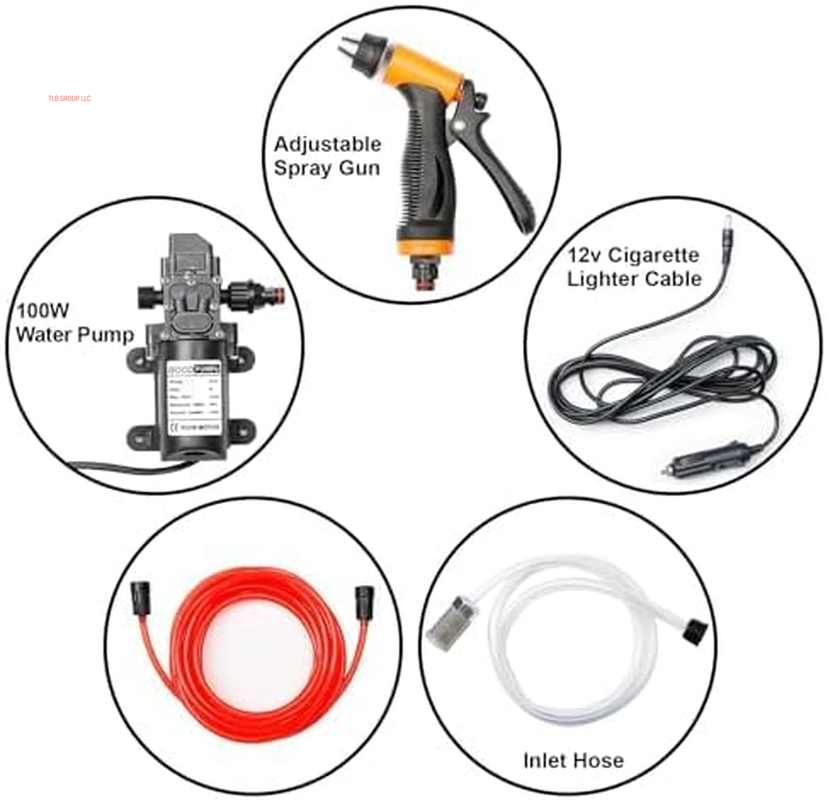Portable Intelligent Electric Pressure Washer Pump 100W 160 PSI 12V Portable Pressure Powerful Washing Kit with 21.3 Feet PVC Hose for Home, Car, Garden, Projects (100 W-Black Hose)