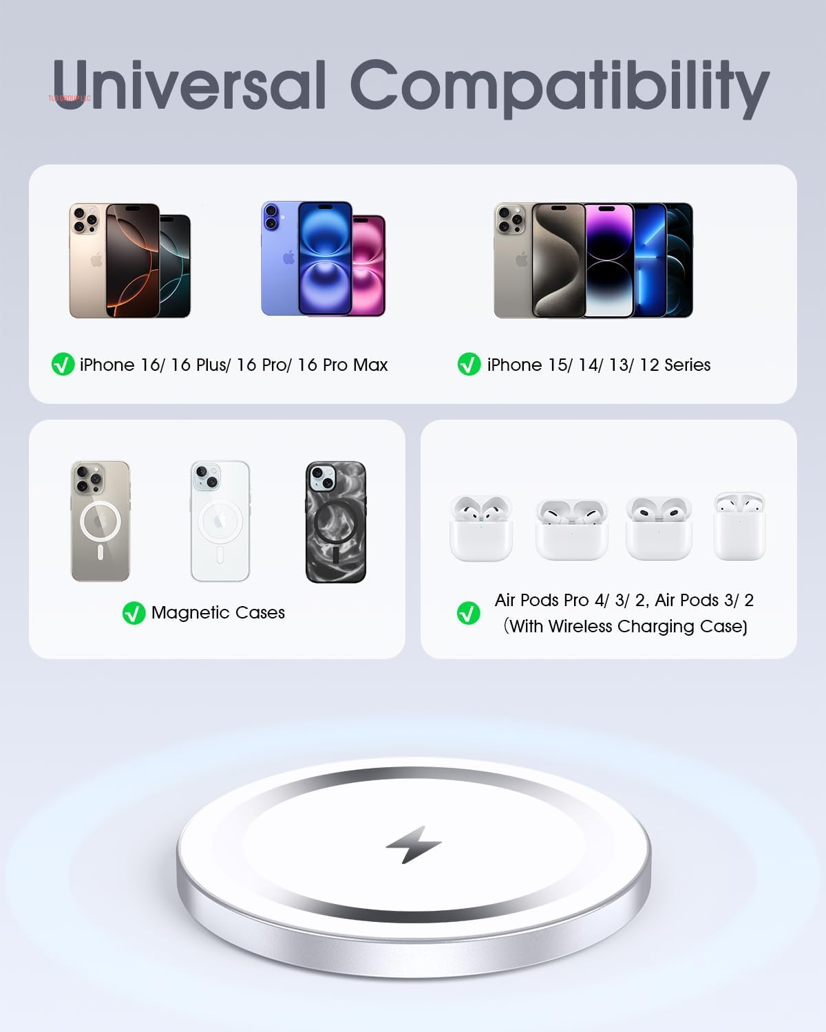 For Apple Mag-Safe Charger 2 Pack, Magnetic Wireless Charger for Iphone 16 15 14 13 12 Pro Max plus Mini, 15W Fast Charging Pad, for Airpods 4/3/2/Pro, Strong Magnet, Silver