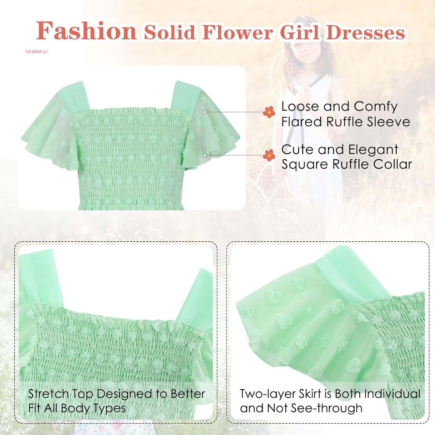 6-12T Girls Chiffon Dress with Solid Pom Poms & Flutter Ruffle Short Sleeve Kids Lace Square Neck Frocks