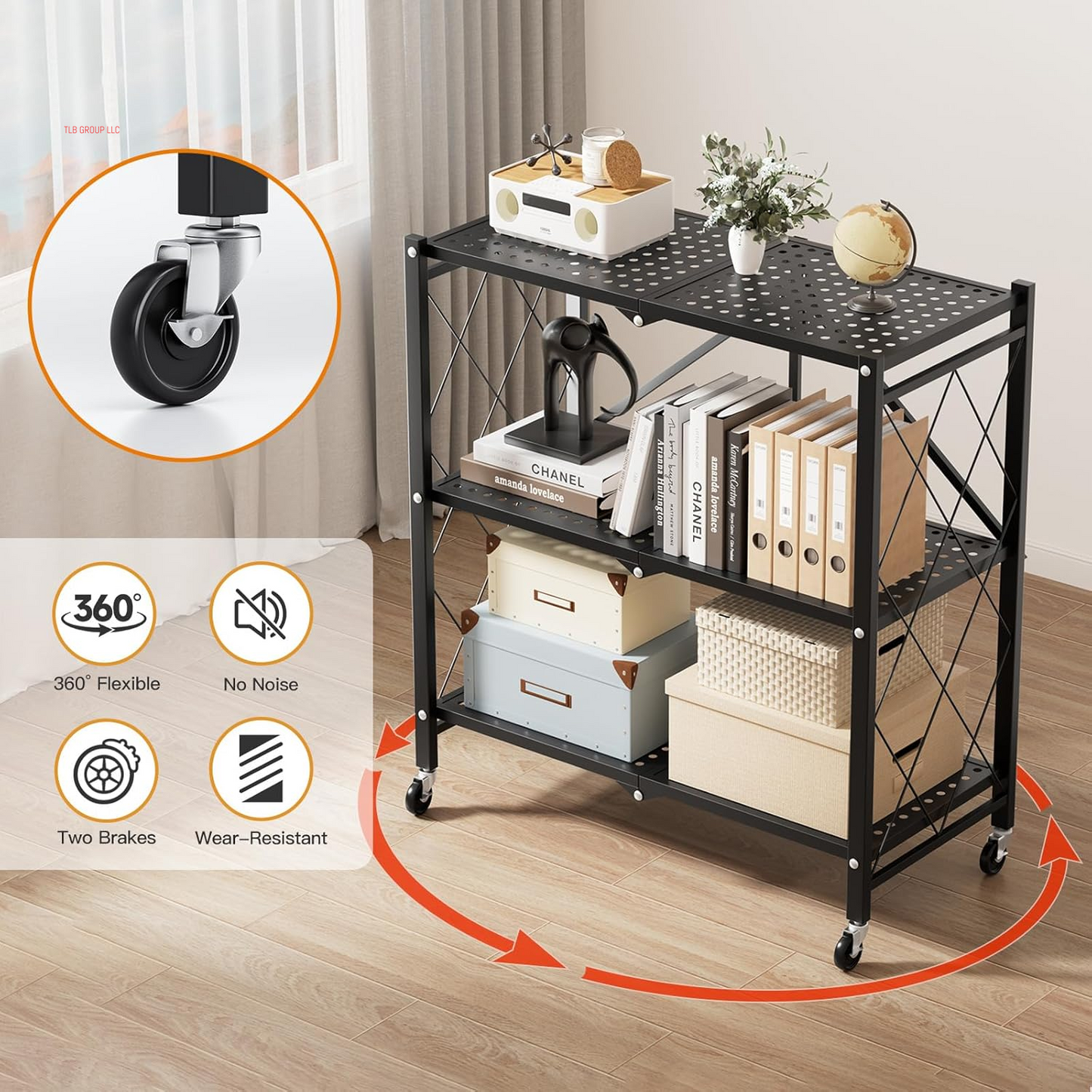 Heavy Duty 3-Tier Foldable Metal Rack, 14.96" D X 27.95" W X 34.25" H Storage Shelving Unit 750 Lbs with Wheels Moving Organizer Shelves for Garage Kitchen, Black