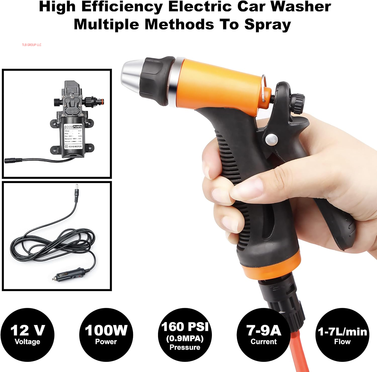 Portable Intelligent Electric Pressure Washer Pump 100W 160 PSI 12V Portable Pressure Powerful Washing Kit with 21.3 Feet PVC Hose for Home, Car, Garden, Projects (100 W-Black Hose)