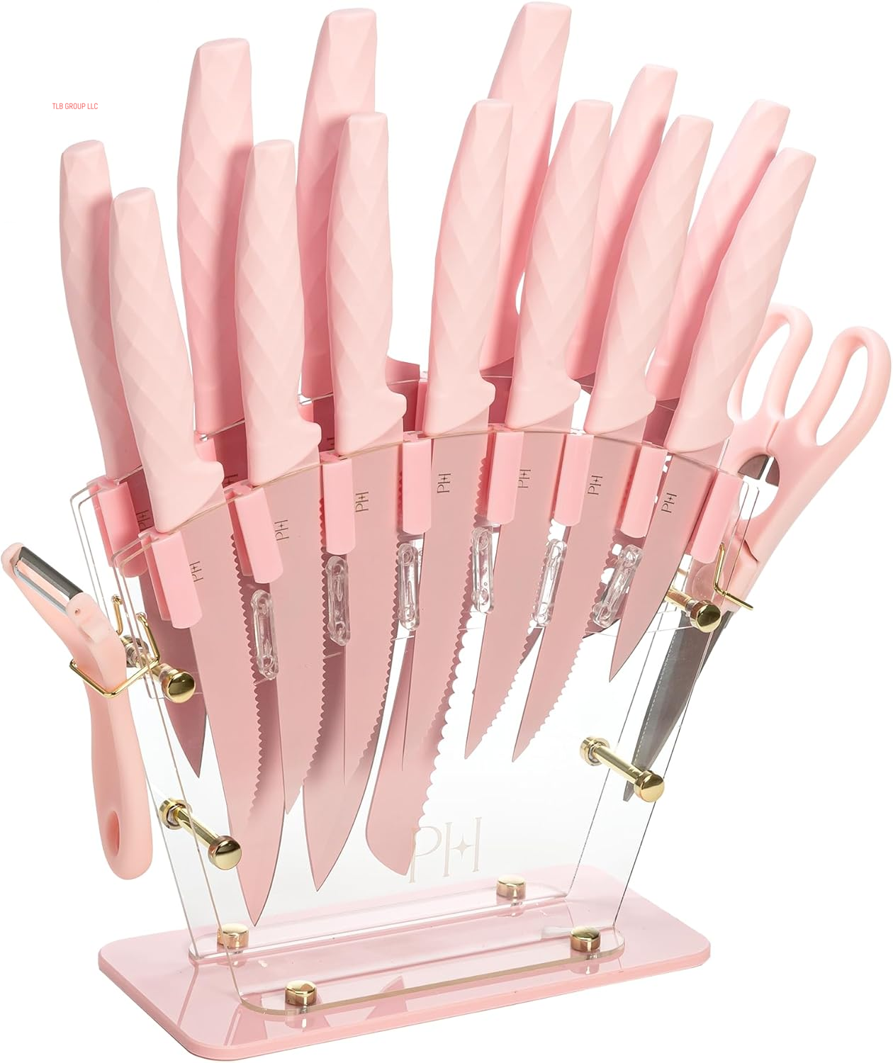 Knife Block Set with Fan Style Clear Acrylic Knife Block, Premium Stainless Steel Blades with Nonstick Coating, Comfort Grip Handles, 16-Piece Set, Pink and Gold