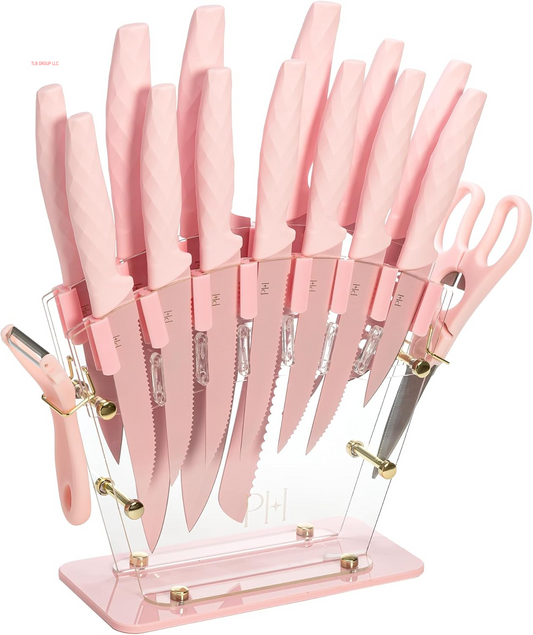 Knife Block Set with Fan Style Clear Acrylic Knife Block, Premium Stainless Steel Blades with Nonstick Coating, Comfort Grip Handles, 16-Piece Set, Pink and Gold