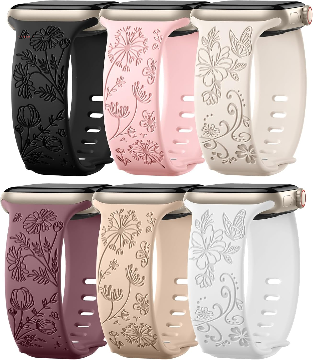 6 Pack Flower Engraved Band Compatible with Apple Watch Bands for Women 40Mm 41Mm 42Mm 38Mm 44Mm 45Mm 46Mm 49Mm,Cute Soft Waterproof Sport Strap for Iwatch Bands Women Series 10 9-1 SE Ultra1/2