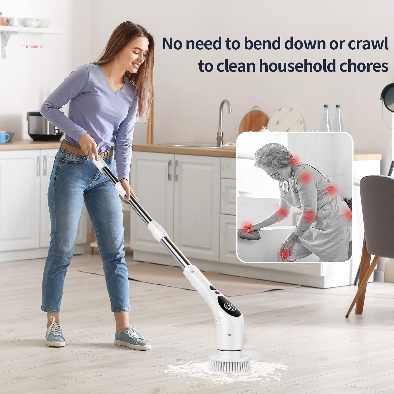 Electric Spin Scrubber Cordless Cleaning Brush Shower Cleaning Brush with 9 Replaceable Brush Heads Long Handle Shower Cleaner Brush for Bathroom, White, TD-8136