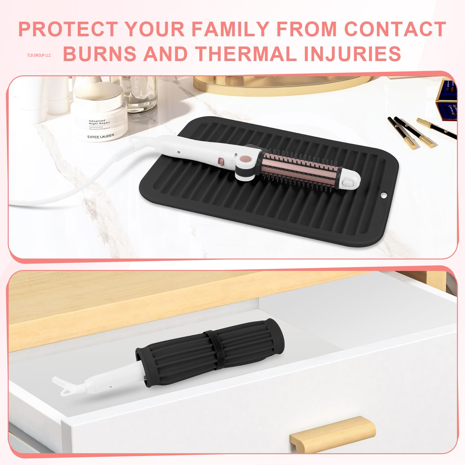 Large Silicone Heat Resistant Mat, Professional Hot Hair Tools Mat for Curling Iron, Flat Iron, Hair Straightener, Portable Hot Pad Cover with Velcro for Travel Home Salon(11.8" X 9.0")