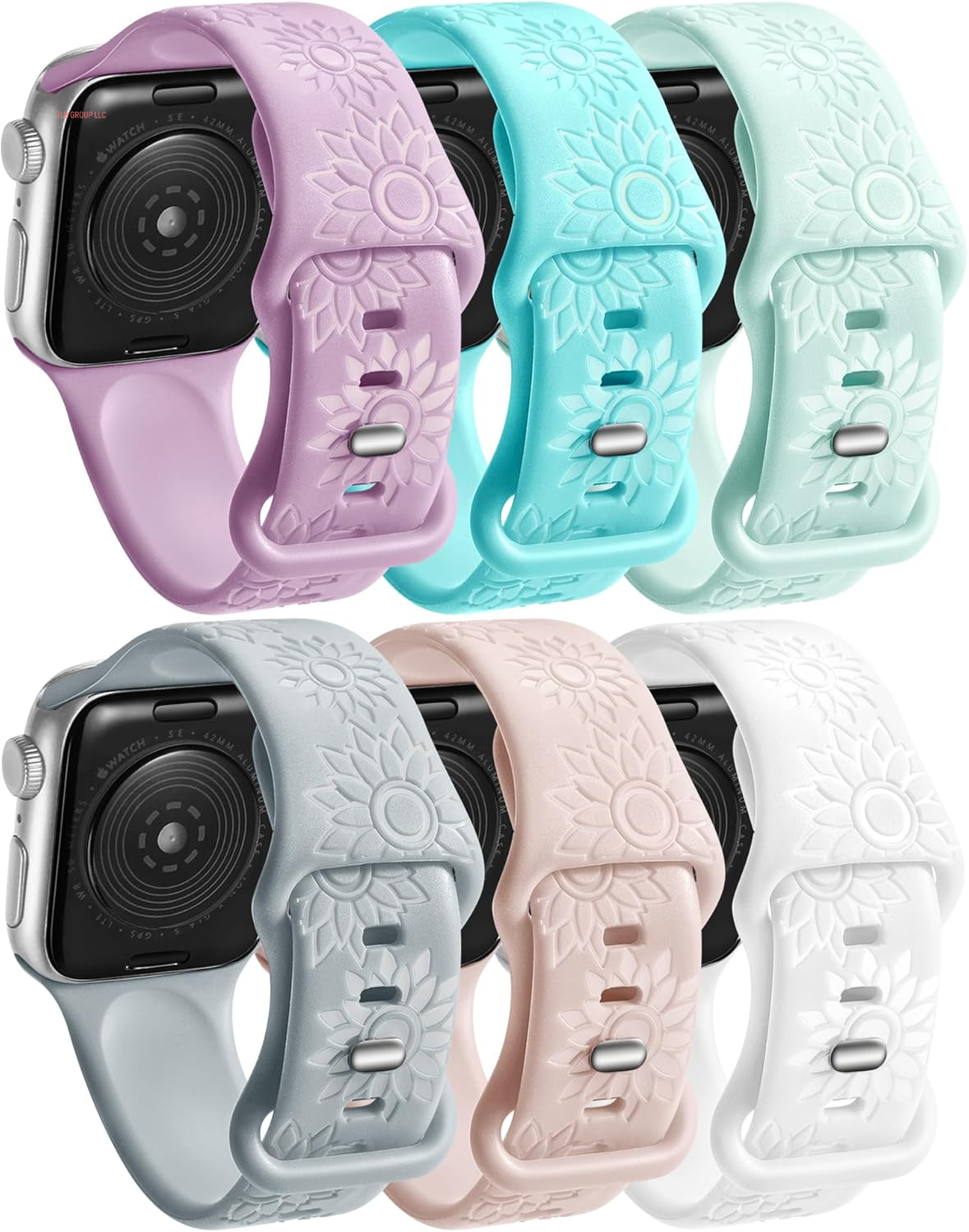6 Pack Flower Engraved Bands Compatible Apple Watch Band with 38Mm 40Mm 41Mm 42Mm 44Mm 46Mm 45Mm 49Mm Women Men.Silicone Floral Reflective Sport Strap for Iwatch Series 10 9 8 7 6 5 4 3 SE Ultra 2 1