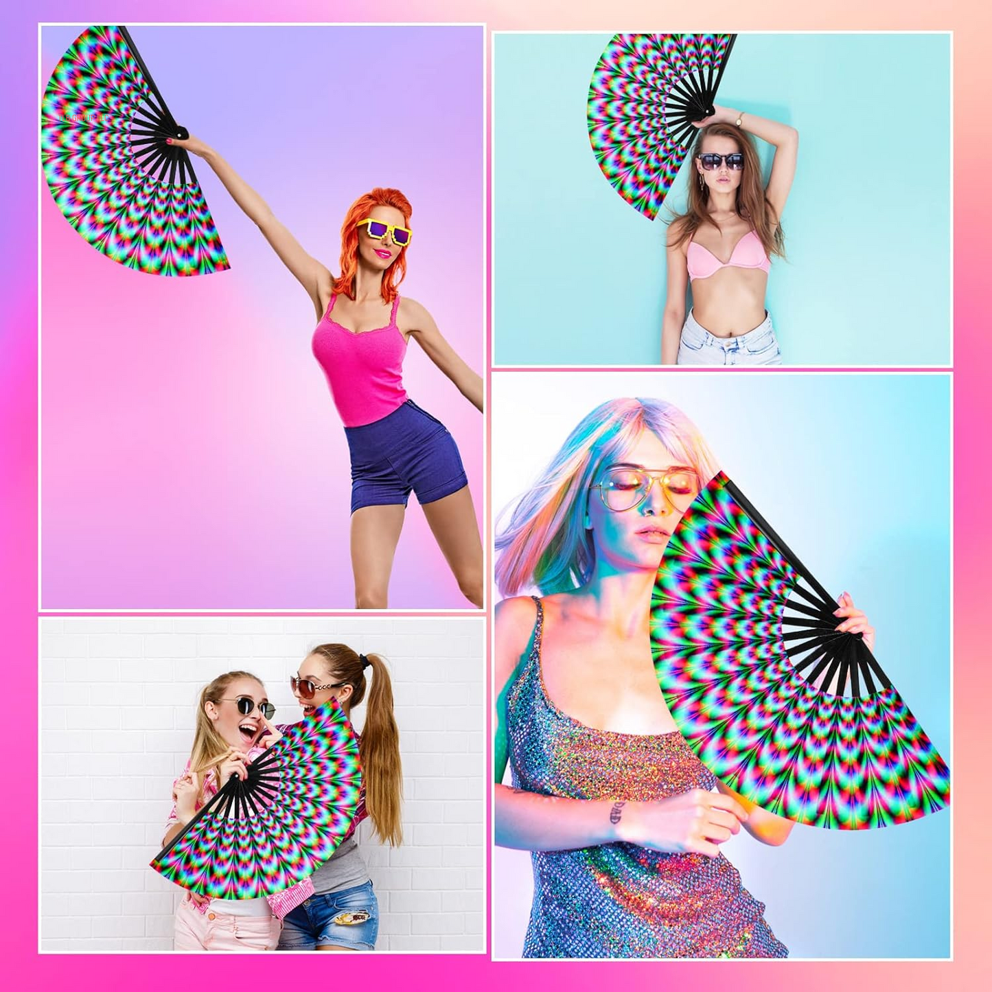 13 Inch Large Clack Rave Fan Folding Hand Fans for Line Dancing Popping Men Women Trippy Gifts Glow Handheld for EDM Music Festival Club Disco Party Dance Decoration