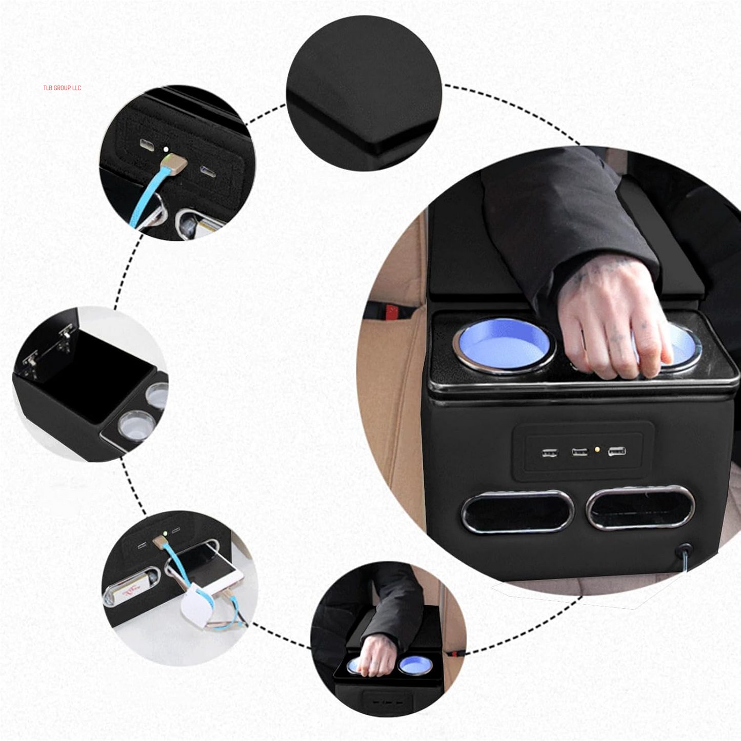 Black Universal Truck Seat/Bench Organizer with LED Light, USB Port, Cup Holders, Armrest, and Padded Top Lid - Ideal for Business Storage 124810 Contractor Console Luxurious