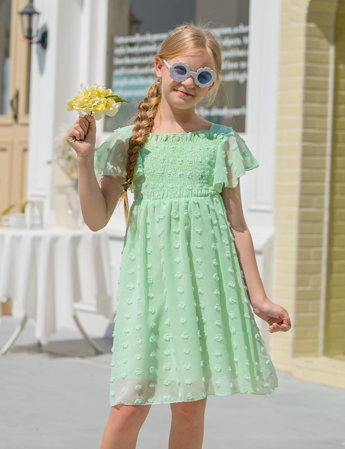 6-12T Girls Chiffon Dress with Solid Pom Poms & Flutter Ruffle Short Sleeve Kids Lace Square Neck Frocks