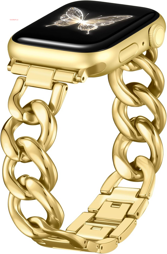 Gold Band Compatible with Apple Watch Bands for Women 40Mm 38Mm 41Mm 42Mm 44Mm 45Mm 46Mm, Metal Chain Link Steel Replacement Accessories Bracelet for Iwatch Bands Series 10 9 8 7 6 5 4 3 2 1 SE