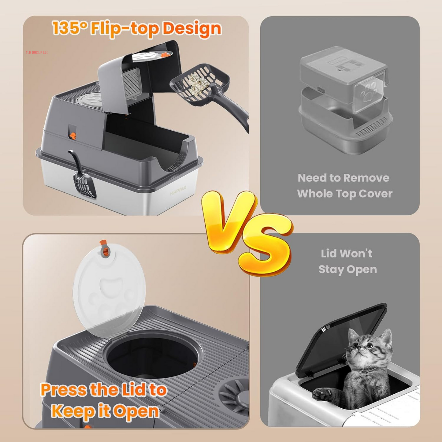 Stainless Steel Litter Box with Lid, 135° Flip-Top Extra Large Cat Litter Pan, Enclosed Metal Litter Box with Litter Scoop & Filter Pedal, Anti-Leakage, Odor Free, Front & Top Dual Entry