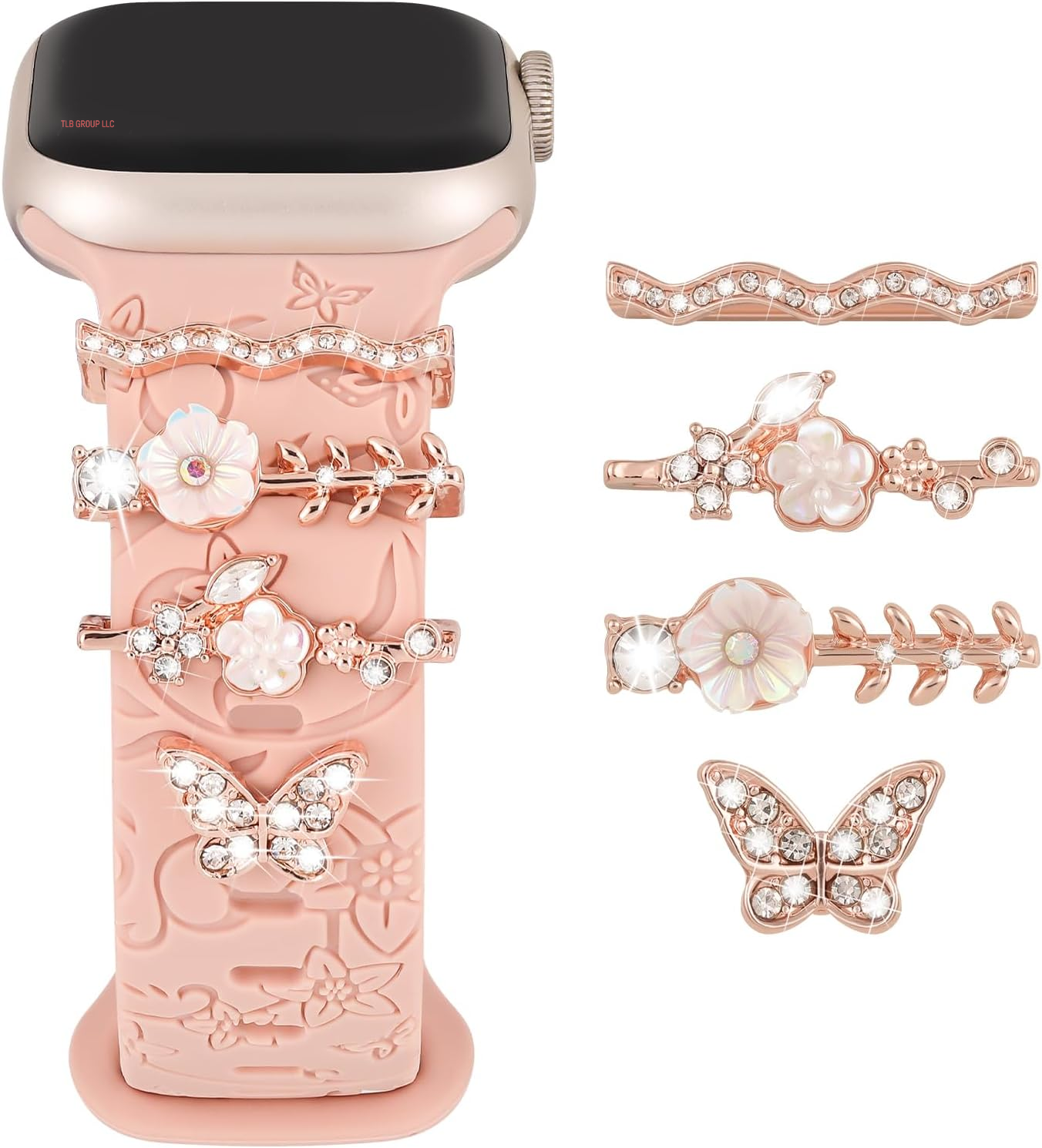 Charm+Band for Apple Watch Bands 40Mm 41Mm 38Mm 44Mm 45Mm 46Mm 42Mm Women Men,Floral Engraved Silicone Sport Band+Decorative Ring Loops for Iwatch Series 10 9 8 7 6 5 4 3 SE Ultra/2 49Mm,Jewelry Strap