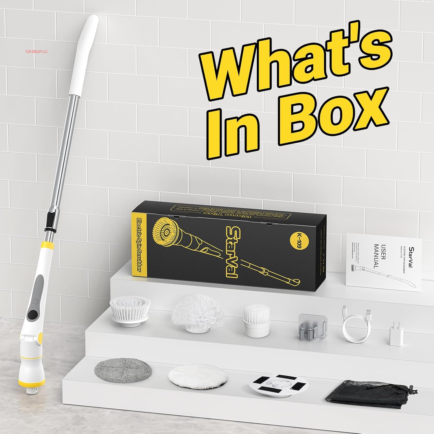 Electric Spin Scrubber, Cordless Cleaning Brush with LED Display, 4 Adjustable Angles, 3 Speeds, 2H Runtime, Adjustable Handle, 5 Brush Heads for Bathroom Tub Kitchen Tile Floor