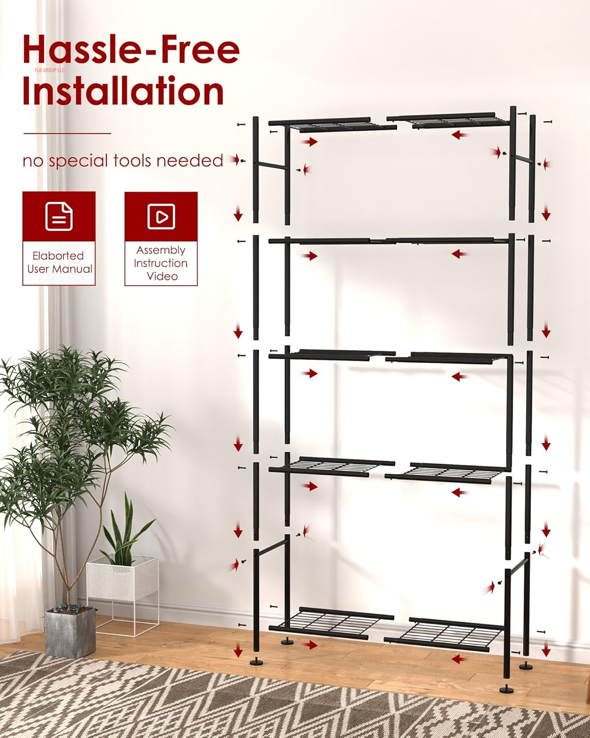 Storage Shelves - 5 Tier Shelf Organizer, Heavy Duty Garage Shelving Unit with Leveling Feet, Stable Metal Shelves Organizer for Pantry, Kitchen and Closet, 33.0" W X 12.6" D X 72.0" H, Black