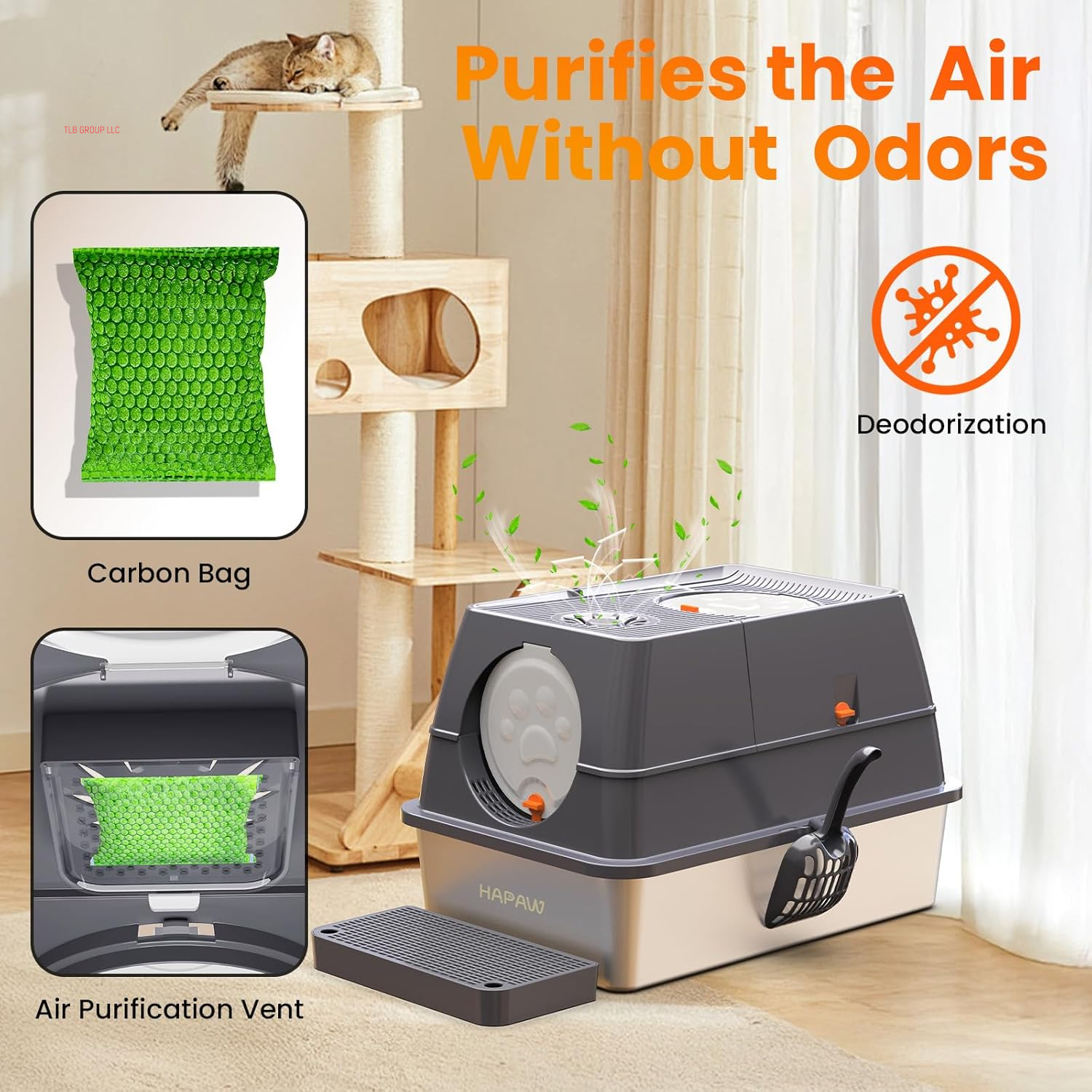 Stainless Steel Litter Box with Lid, 135° Flip-Top Extra Large Cat Litter Pan, Enclosed Metal Litter Box with Litter Scoop & Filter Pedal, Anti-Leakage, Odor Free, Front & Top Dual Entry