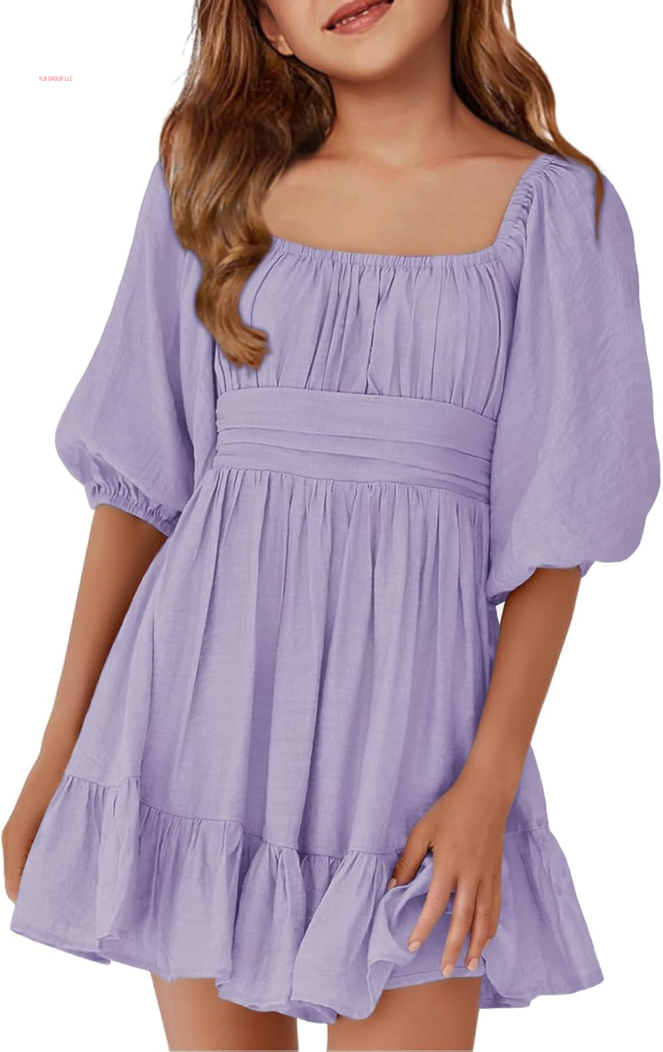 Girls Summer Dresses Square Neck Lantern Sleeve Tie Backless Ruffle A-Line Party Mini Dress